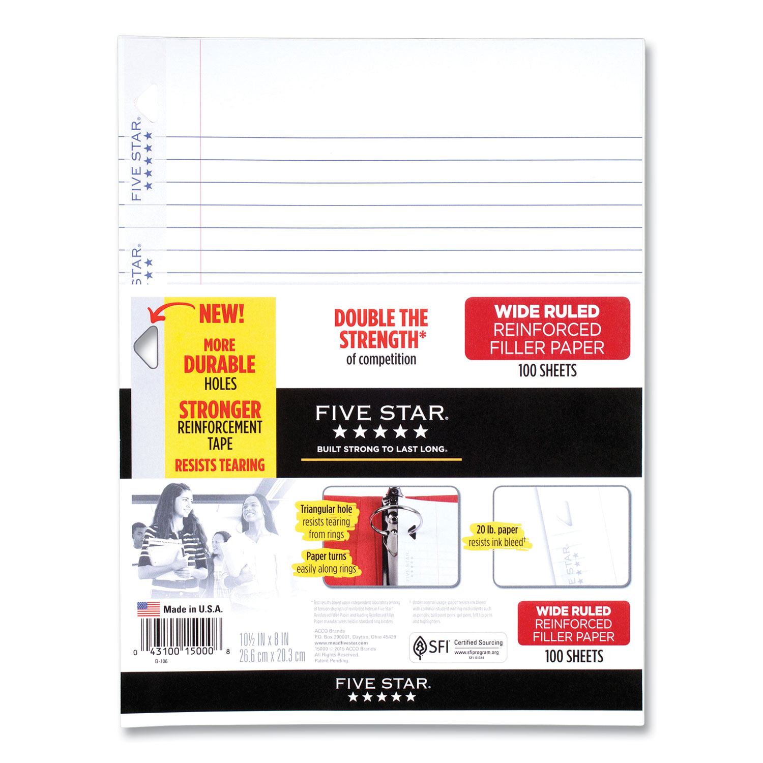  Five Star 1506/1500 Reinforced Filler Paper, 3-Hole, 8 x 10.5, Wide/Legal Rule, 100/Pack (ACC239880) 