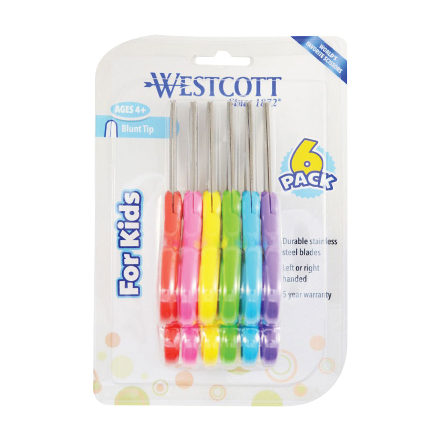  Westcott 16454 For Kids Scissors, Blunt Tip, 5 Long, 1.75 Cut Length, Assorted Bent Handles, 6/Pack (ACM24434868) 