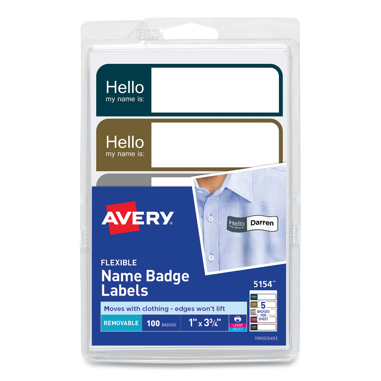 Avery® Flexible Self-Adhesive Mini Name Badge Labels, 1 x 3.75, Hello, Assorted, 100/Pack