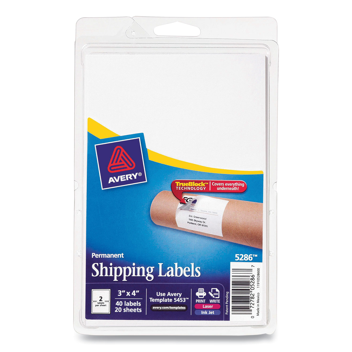  Avery 05286 Shipping Labels with TrueBlock Technology, Inkjet/Laser Printers, 4 x 3, White, 2/Sheet, 20 Sheets/Pack (AVE864677) 