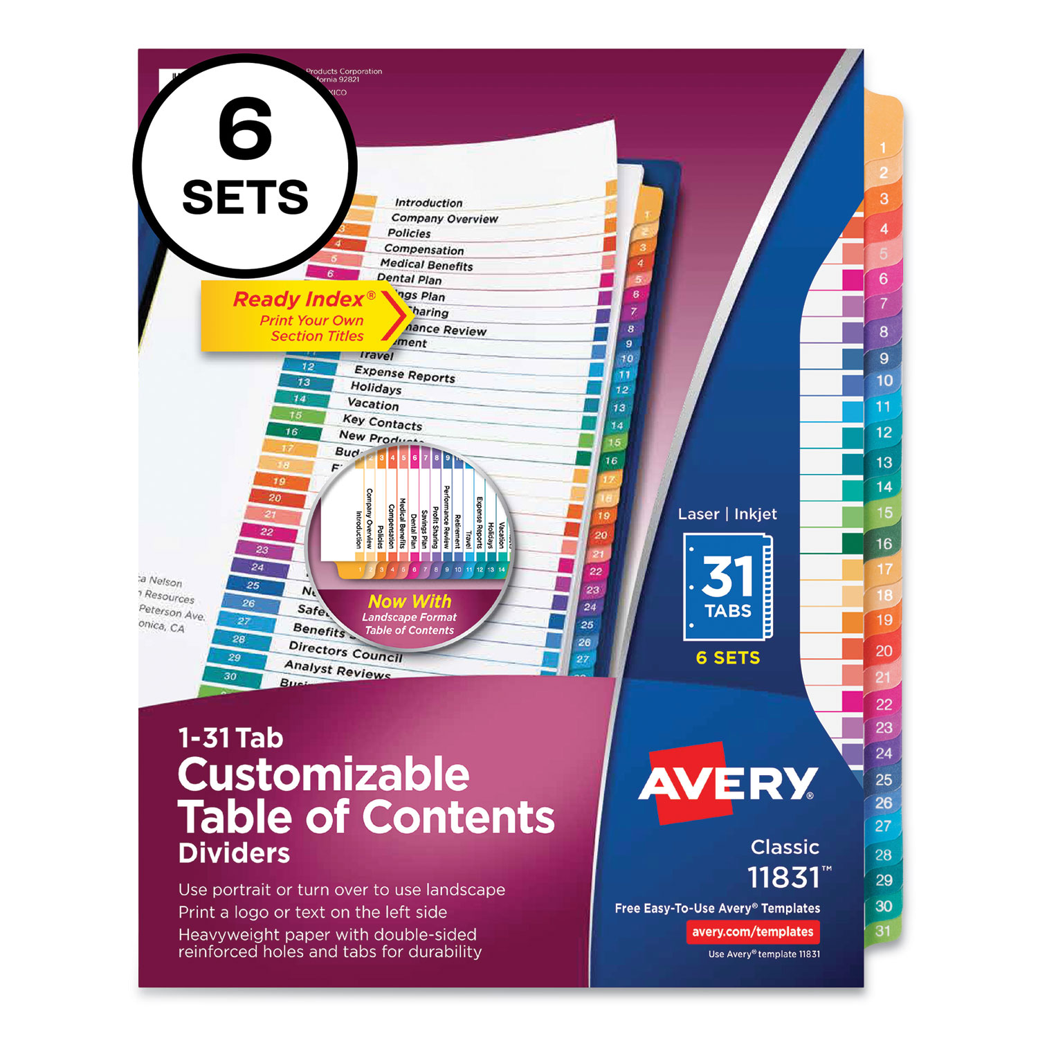 Avery® Customizable Table of Contents Ready Index Multicolor Dividers, 31-Tab, 1 to 31, 11 x 8.5, 6 Sets
