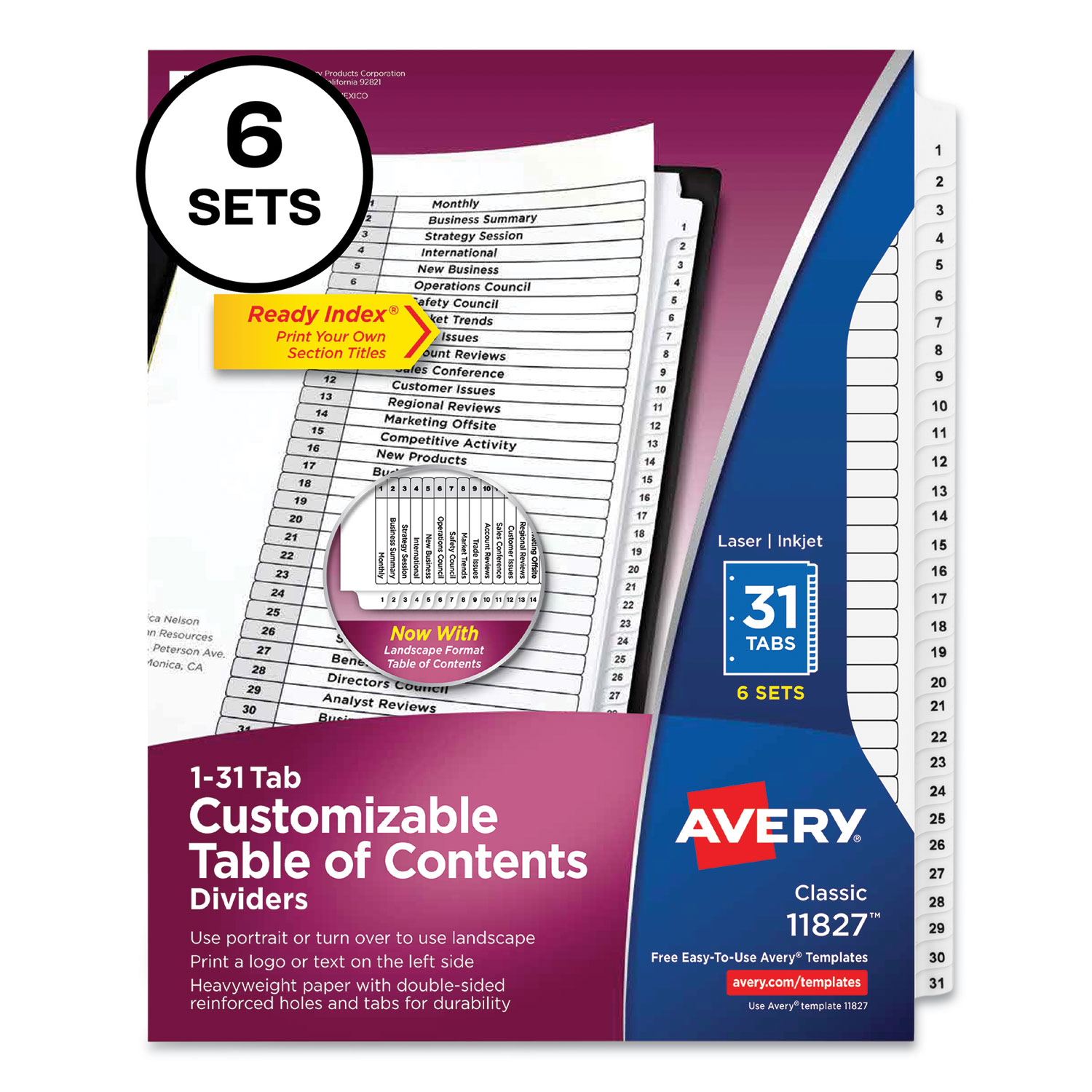 Avery® Customizable Table of Contents Ready Index Black and White Dividers, 31-Tab, 1 to 31, 11 x 8.5, 6 Sets