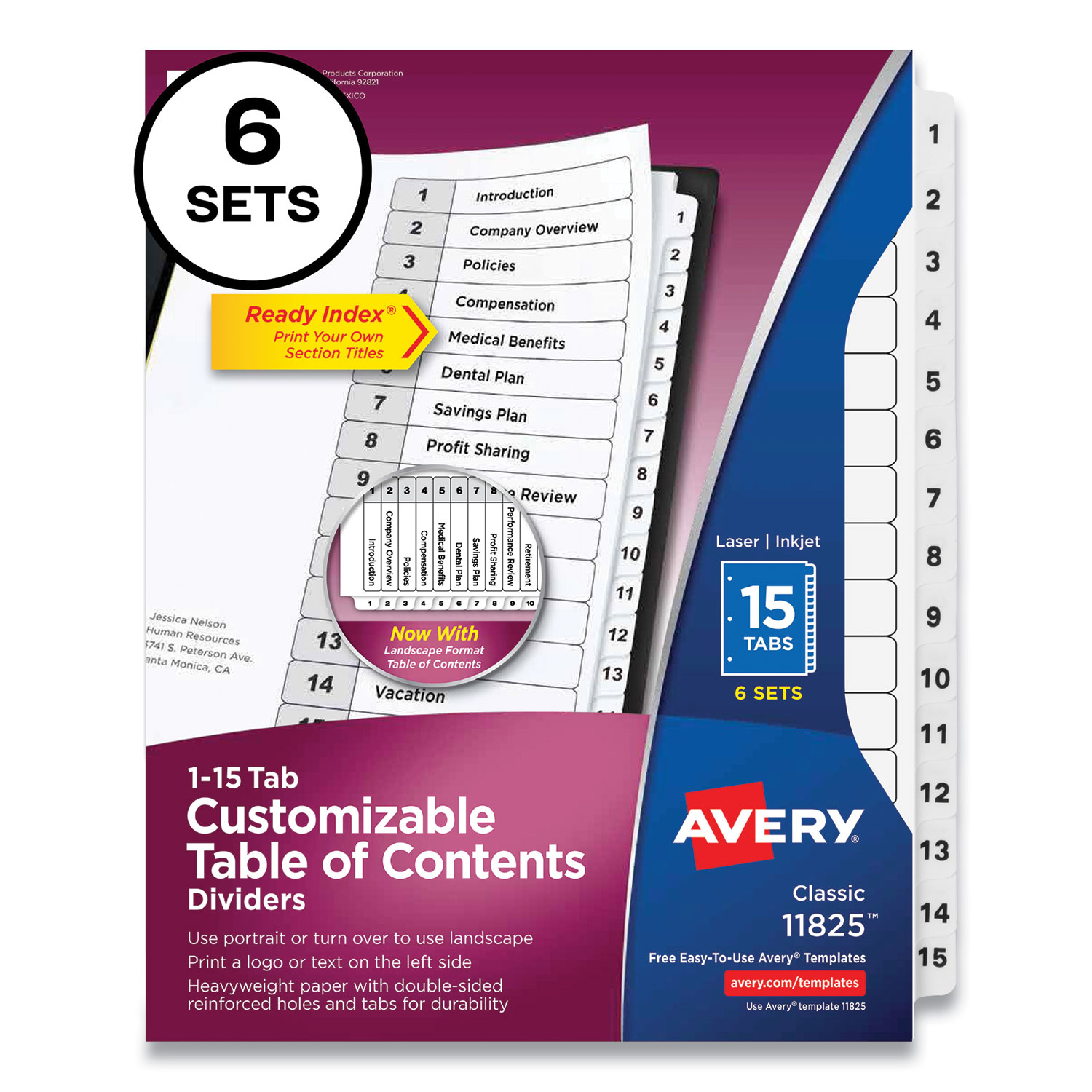 Avery® Customizable Table of Contents Ready Index Black and White Dividers, 15-Tab, 1 to 15, 11 x 8.5, 6 Sets