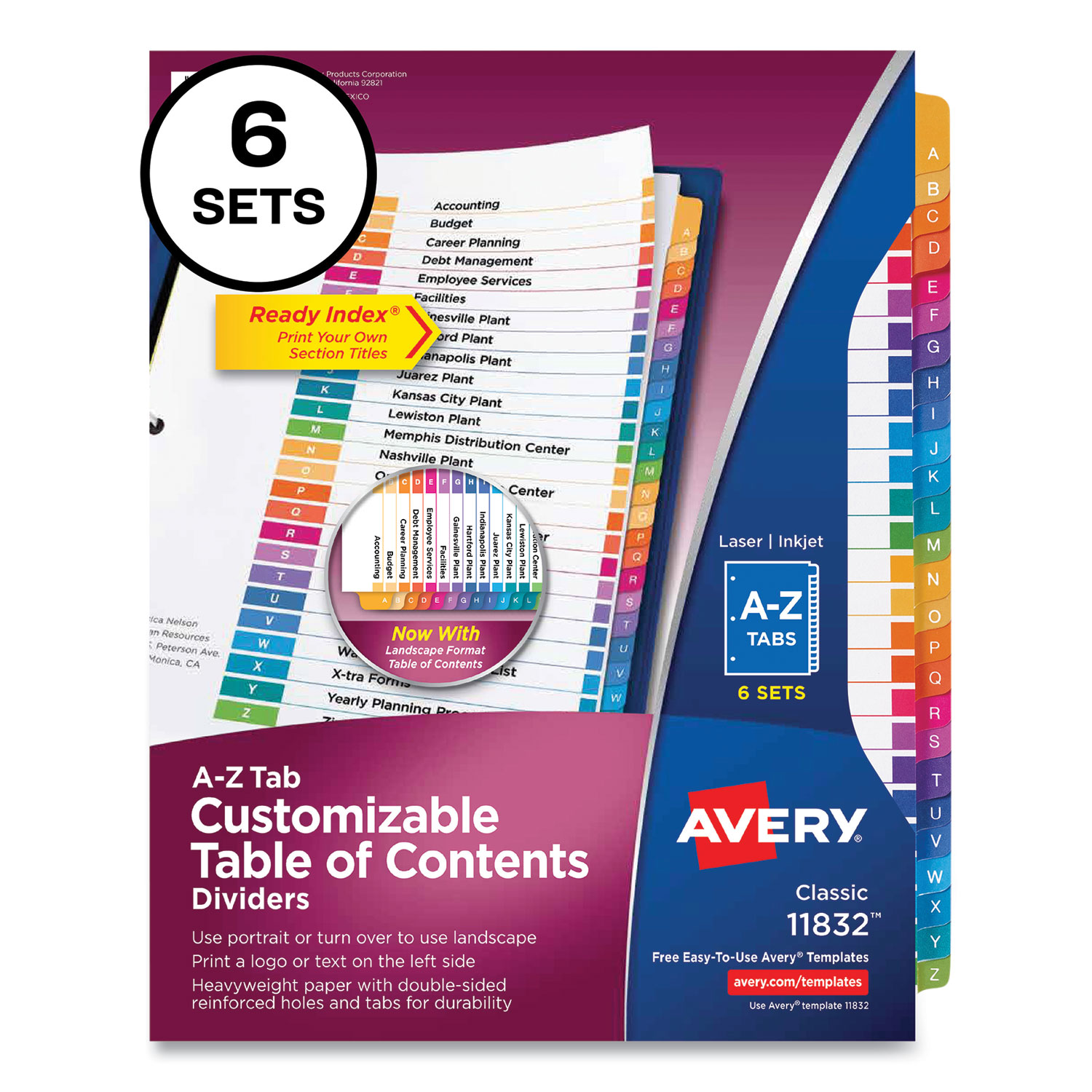 Avery® Customizable Table of Contents Ready Index Multicolor Dividers, 26-Tab, A to Z, 11 x 8.5, 6 Sets