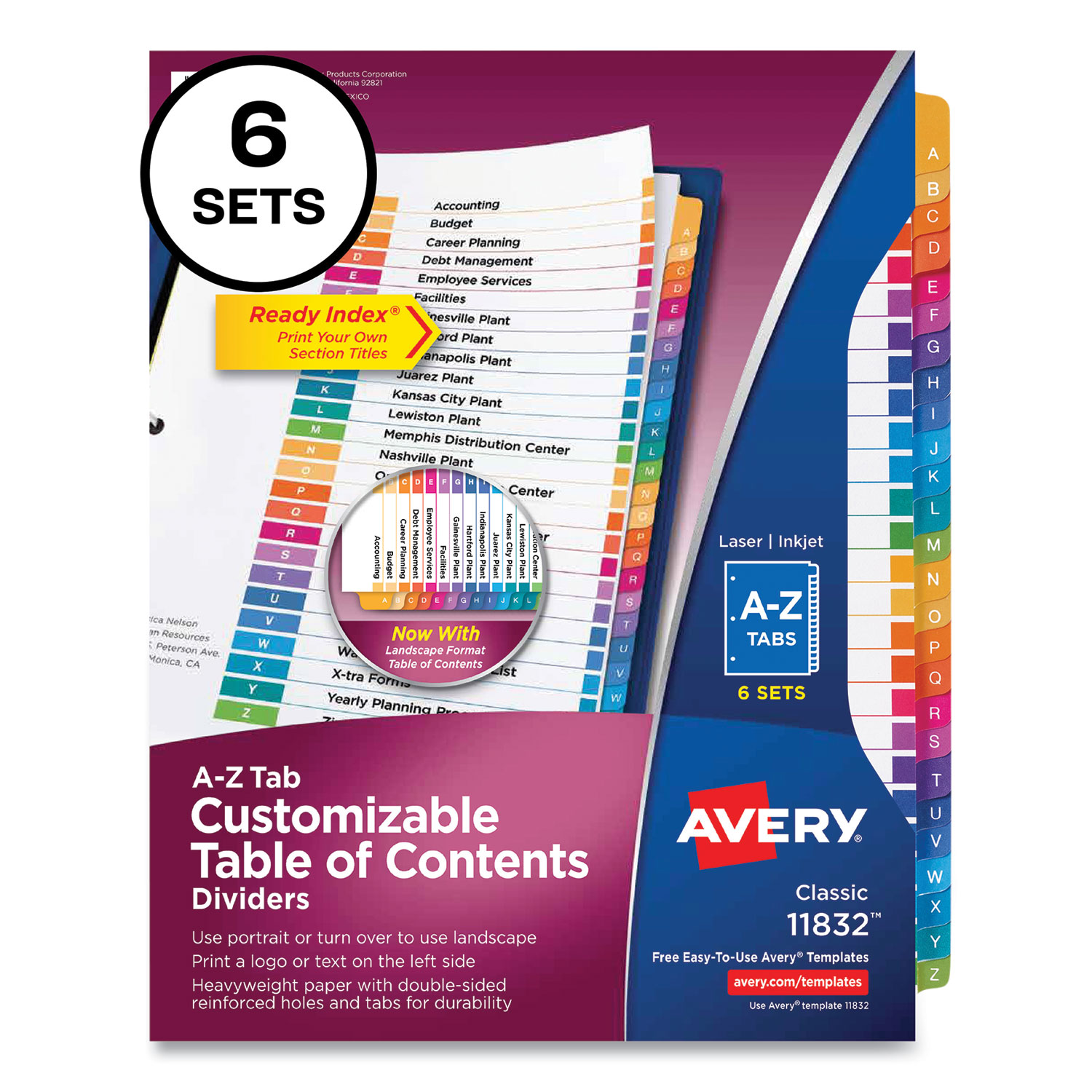  Avery 11832 Customizable Table of Contents Ready Index Multicolor Dividers, 26-Tab, A to Z, 11 x 8.5, 6 Sets (AVE24401360) 