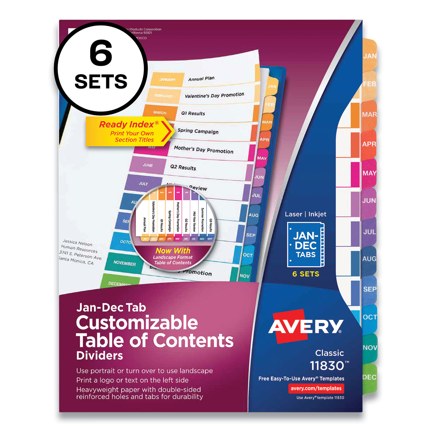 Avery® Customizable Table of Contents Ready Index Multicolor Dividers, 12-Tab, Jan. to Dec., 11 x 8.5, 6 Sets
