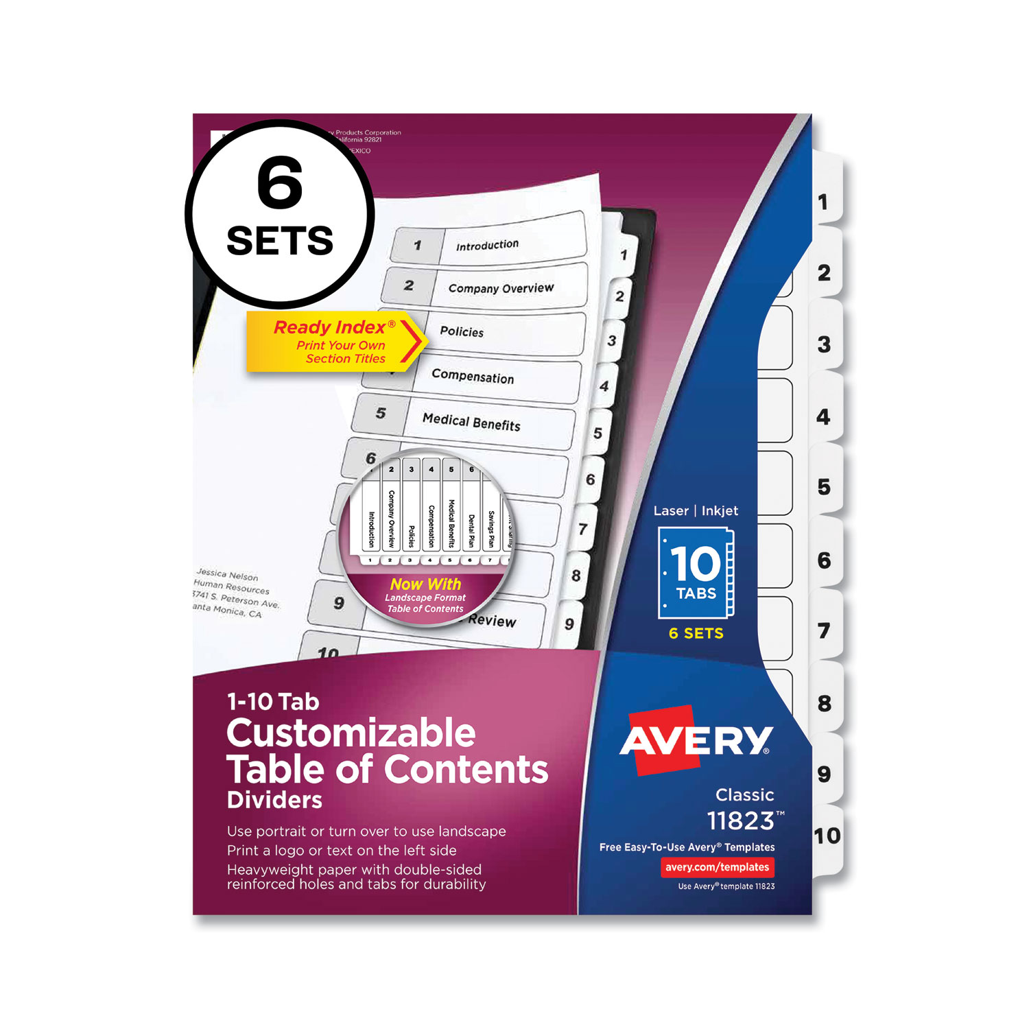 Avery® Customizable Table of Contents Ready Index Black and White Dividers, 10-Tab, 1 to 10, 11 x 8.5, 6 Sets
