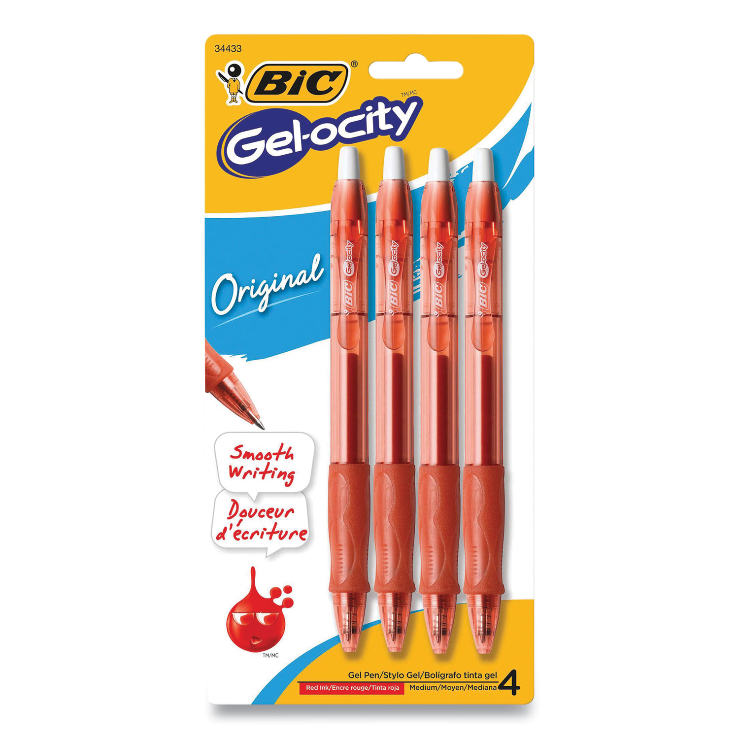 BIC® Gel-ocity Retractable Gel Pen, 0.7 mm, Red Ink, Translucent Red Barrel, 4/Pack
