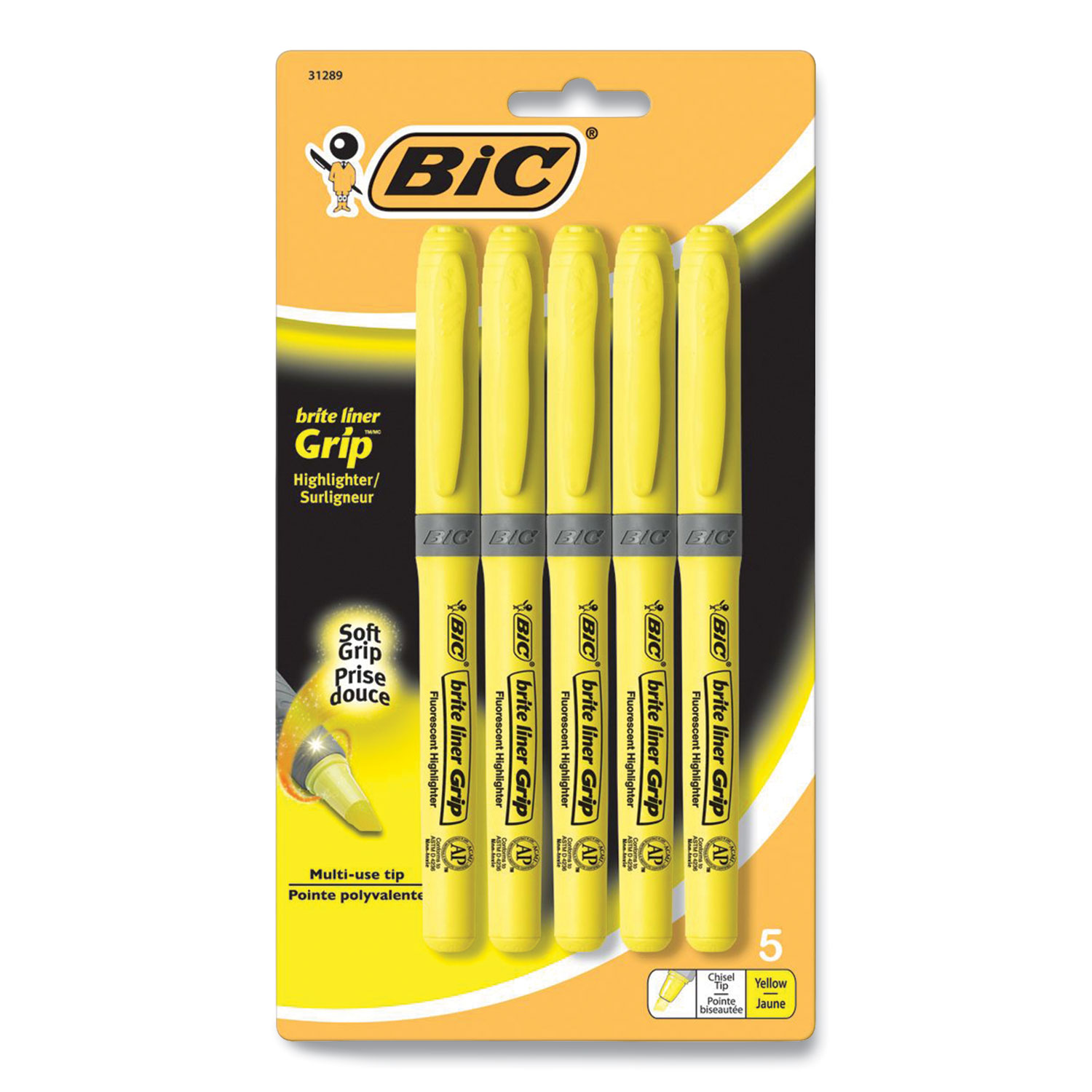 BIC 31289 Brite Liner Grip Pocket Highlighter, Chisel Tip, Fluorescent Yellow, 5/Pack (BIC476262) 