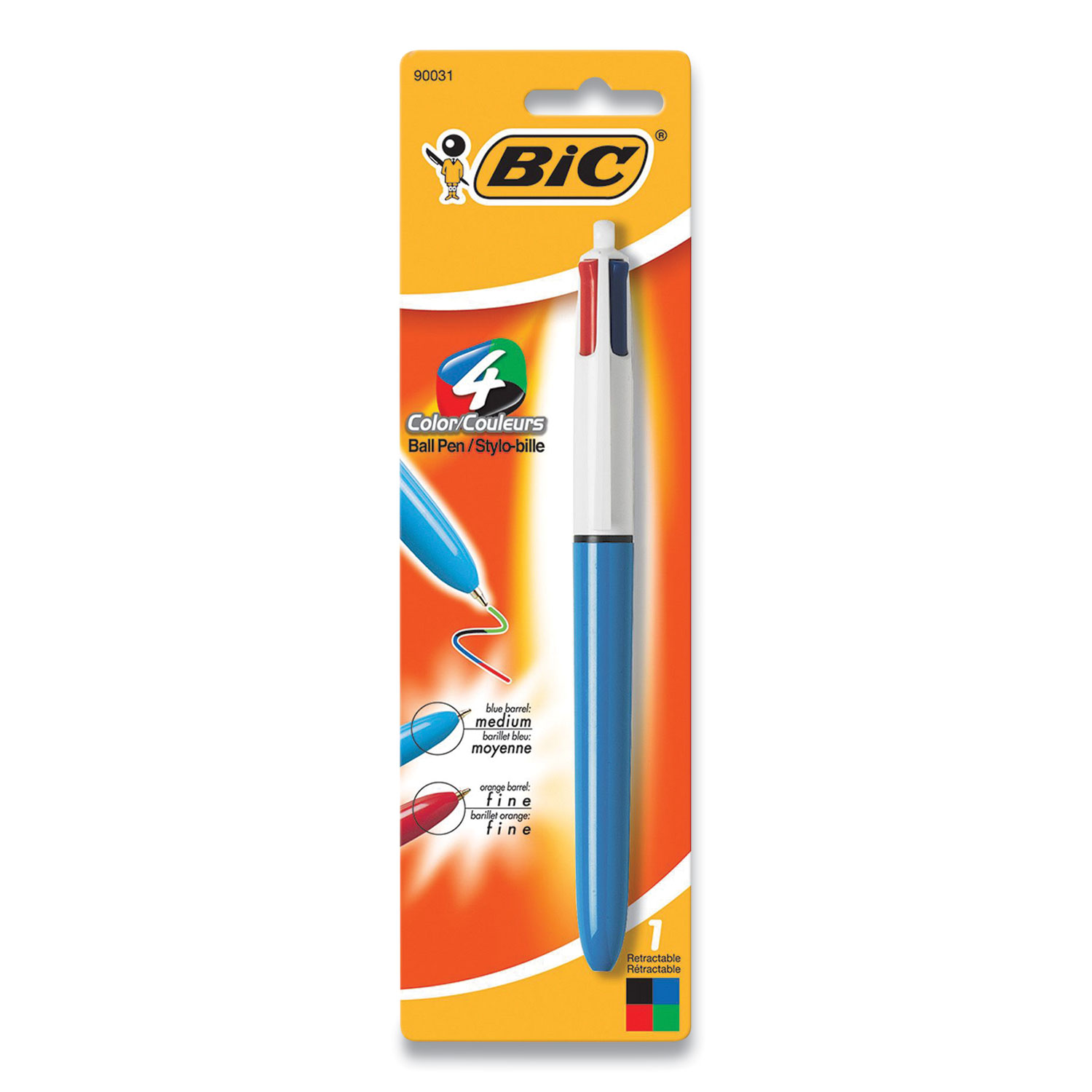BIC® 4-Color Retractable Ballpoint Pen, 1 mm, Black/Blue/Green/Red Ink, Blue Barrel