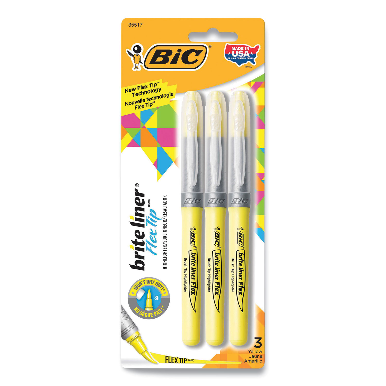  BIC GBLBP31-YEL Brite Liner Flex Tip Highlighters, Brush Tip, Yellow, 3/Pack (BIC2056887) 