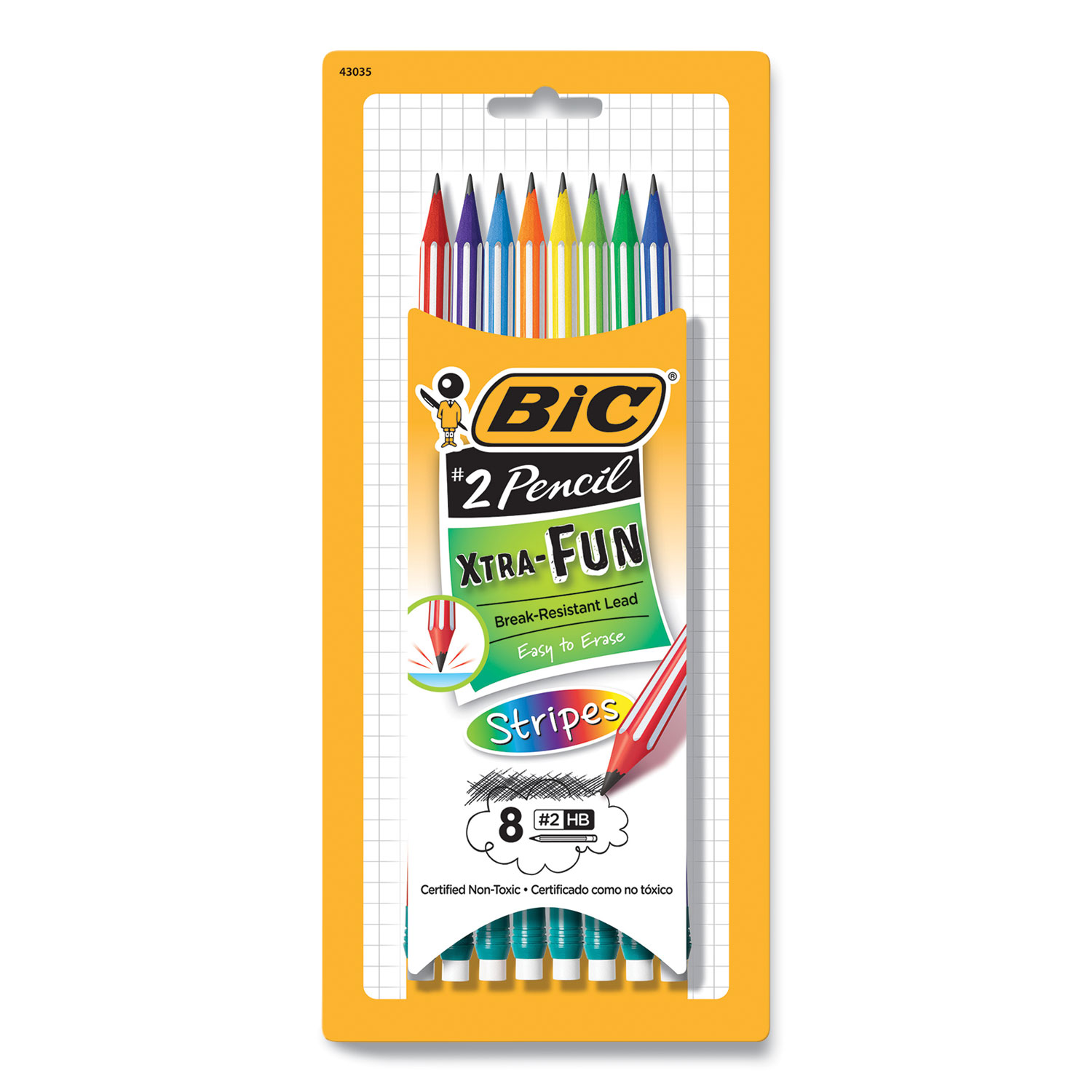  BIC PGESP81-BLK #2 Pencil Xtra Fun, HB (#2), Black Lead, Assorted Stripes Barrel Colors, 8/Pack (BIC24298911) 