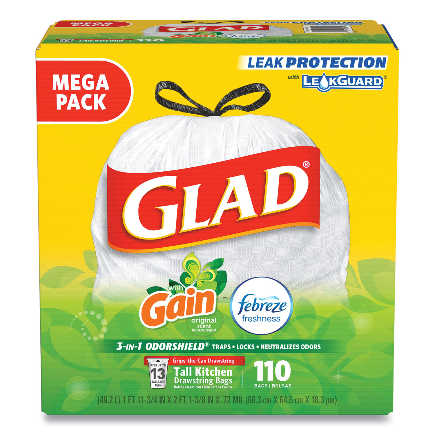  Glad 79098 OdorShield with Gain and Febreze, 13 gal, 0.72 mil, 25.75 x 11.75, White, 110/Box (CLO24401953) 