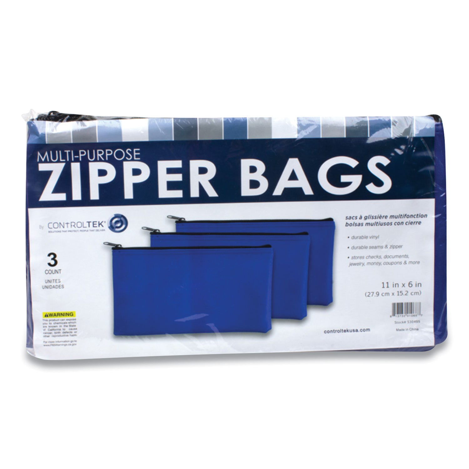 CONTROLTEK® Multipurpose Zipper Bags, 11 x 6, Vinyl, Blue, 3/Pack