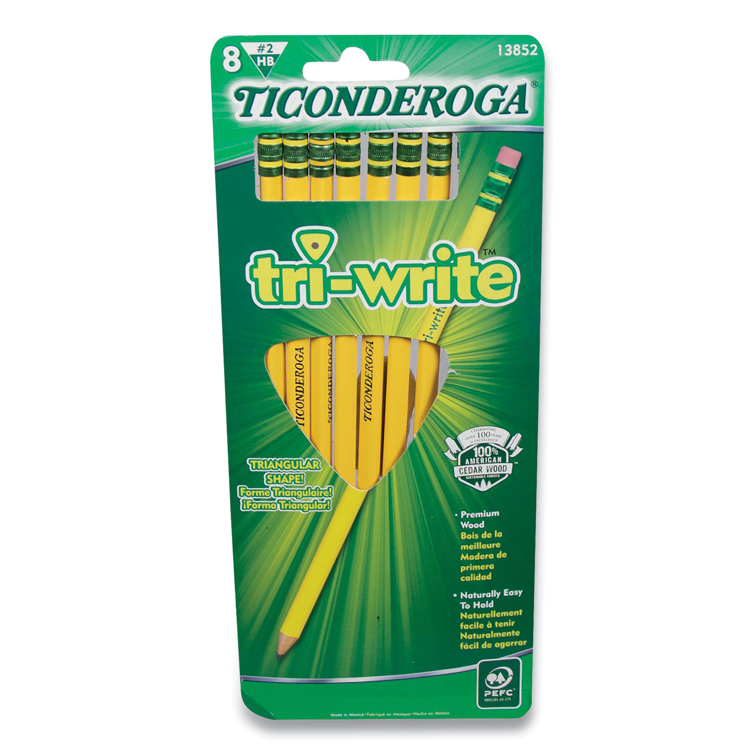  Ticonderoga 13852 Tri-Write Triangular Pencil, HB (#2), Black Lead, Yellow Barrel, 8/Pack (DIX564071) 