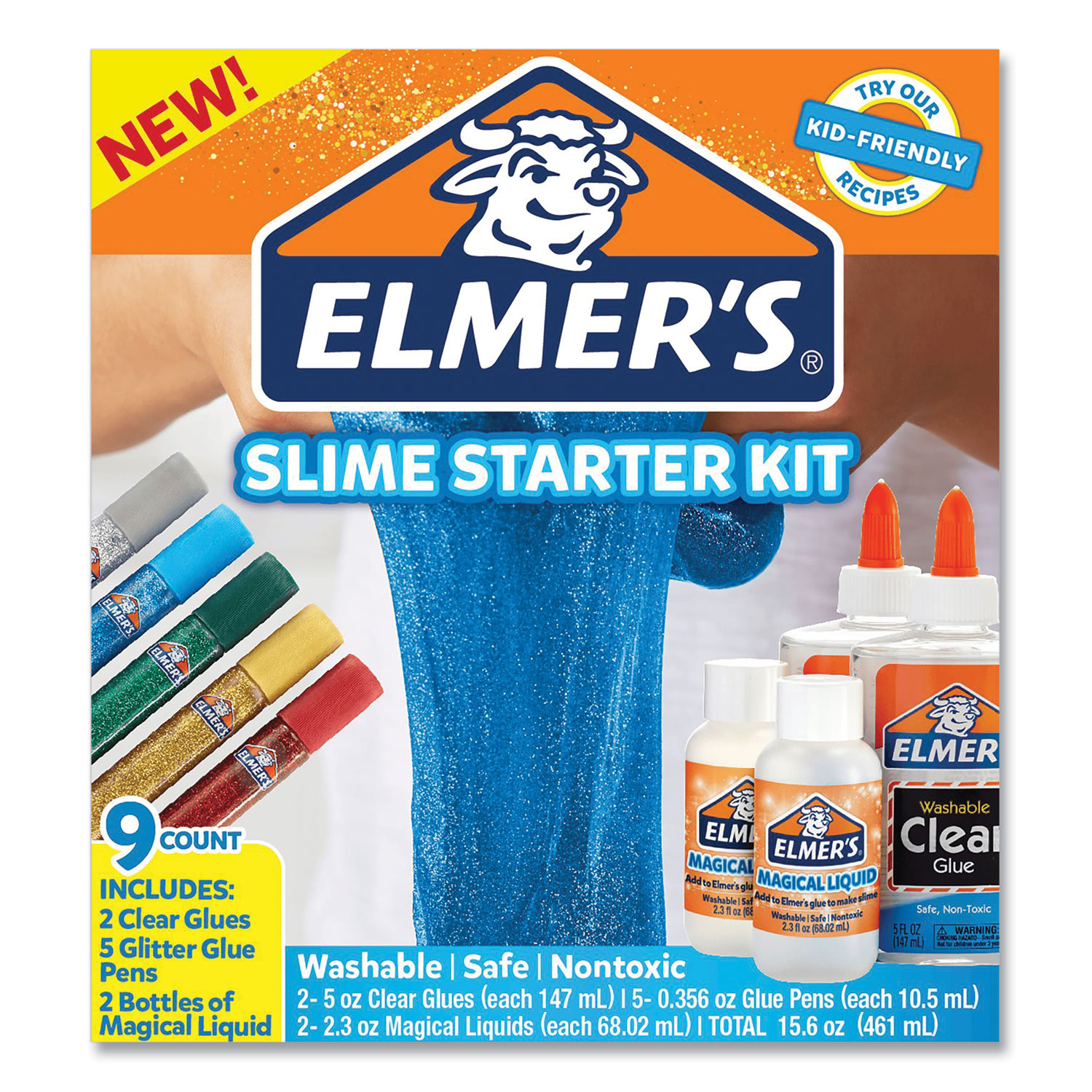 Elmers® Slime Starter Pack, Two 5 oz. School Glues, Five 0.36 oz. Glitter Glue Pens Two 2.3 oz Magical Liquid Bottles