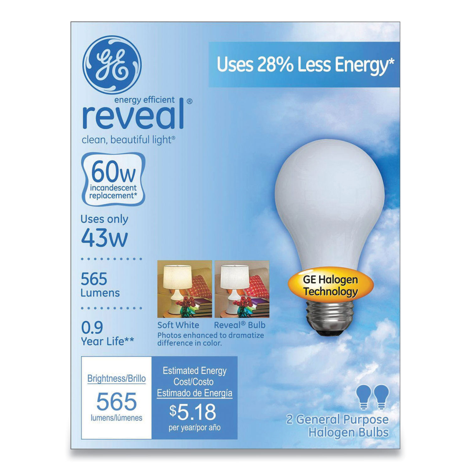  GE 63007 Reveal Energy-Efficient A19 Halogen Light Bulb, 43 W, Soft White, 2/Pack (GEL275474) 