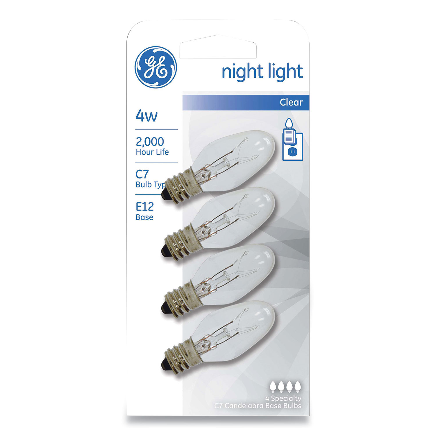 GE Incandescent C7 Night Light Bulb, 4 W, Clear, 4/Pack