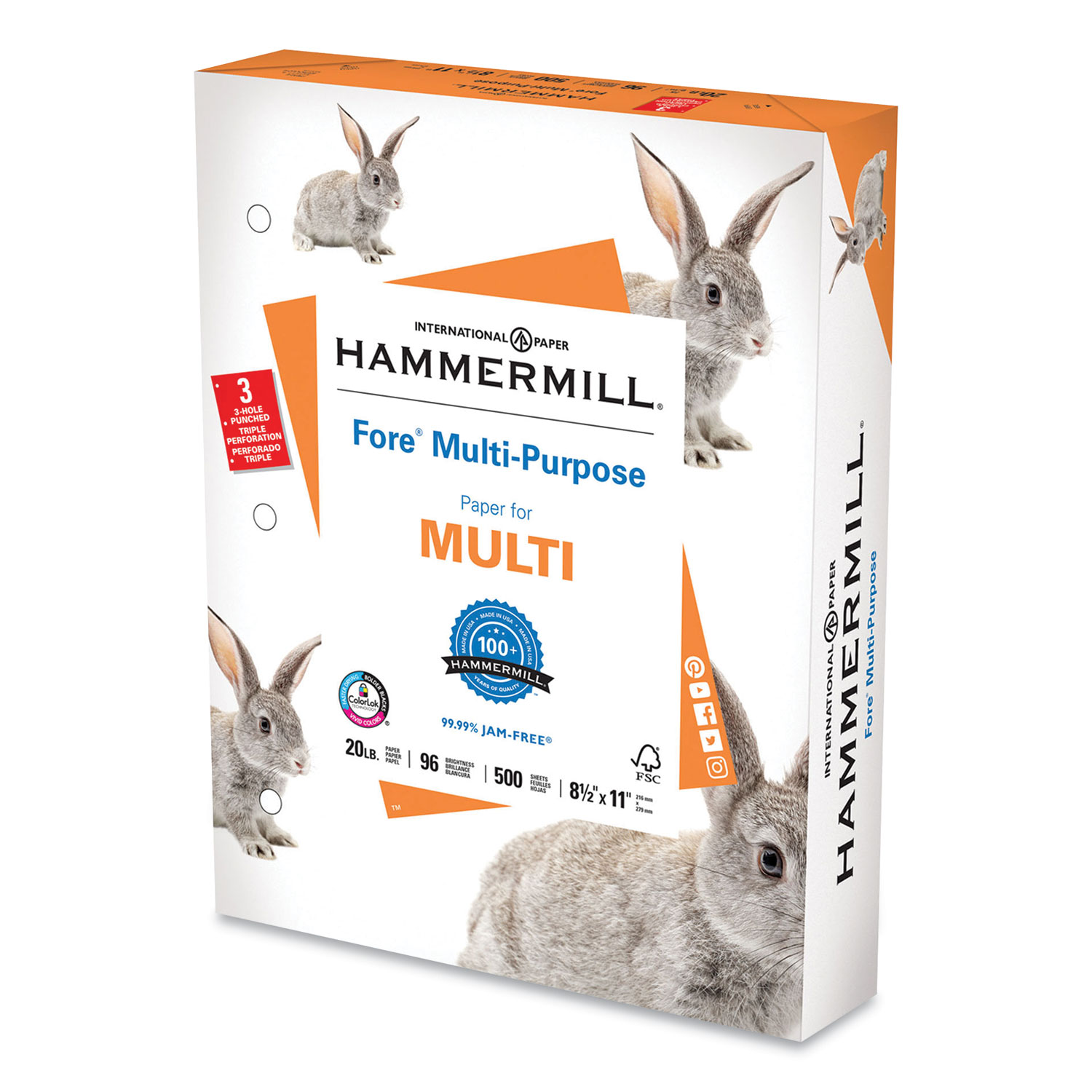  Hammermill 103275 Fore Multipurpose Print Paper, 96 Bright, 3-Hole, 20 lb, 8.5 x 11, White, 500 Sheets/Ream (HAM533786) 