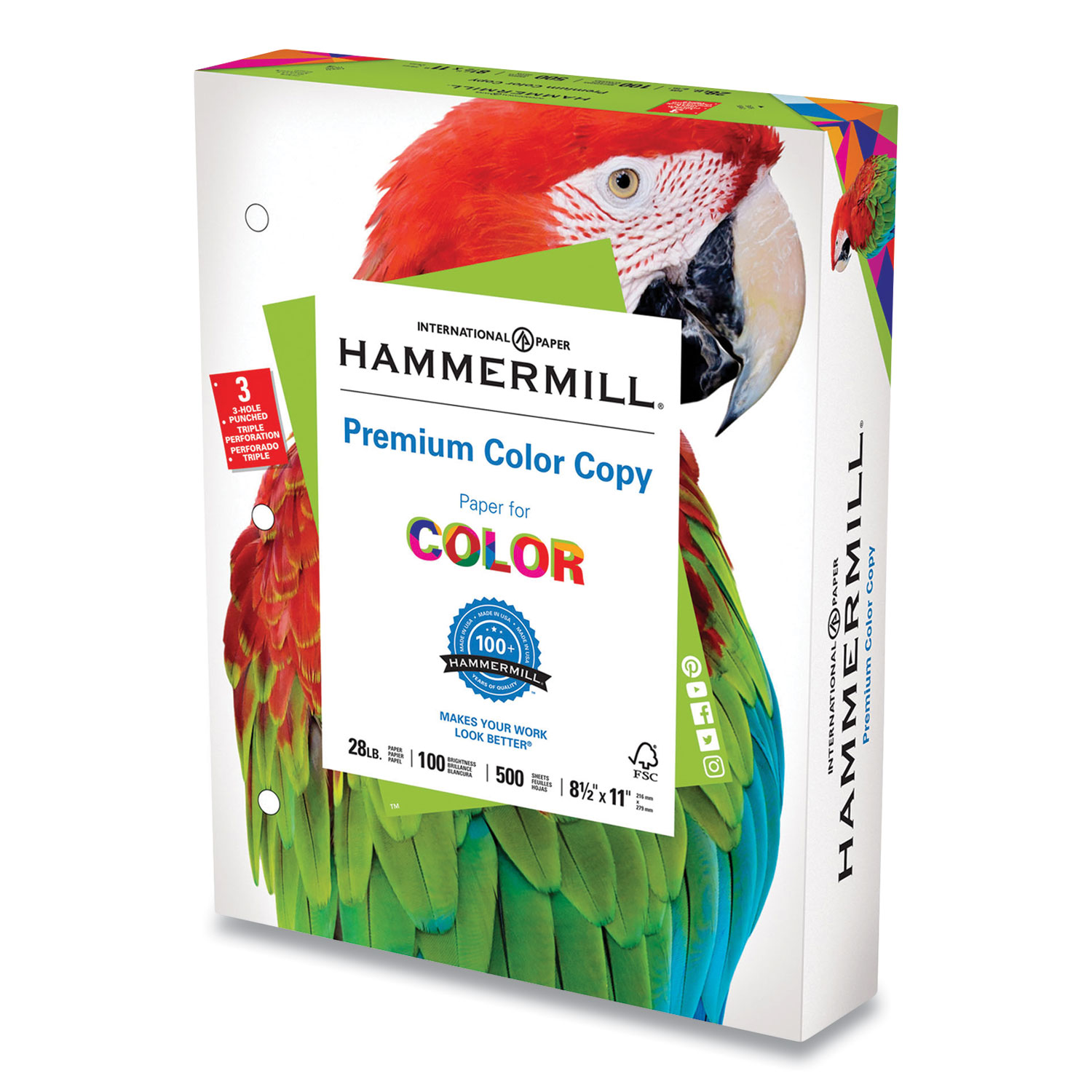 Hammermill® Premium Color Copy Print Paper, 100 Bright, 3-Hole, 28 lb, 8.5 x 11, Photo White, 500 Sheets/Ream, 8 Reams/Carton