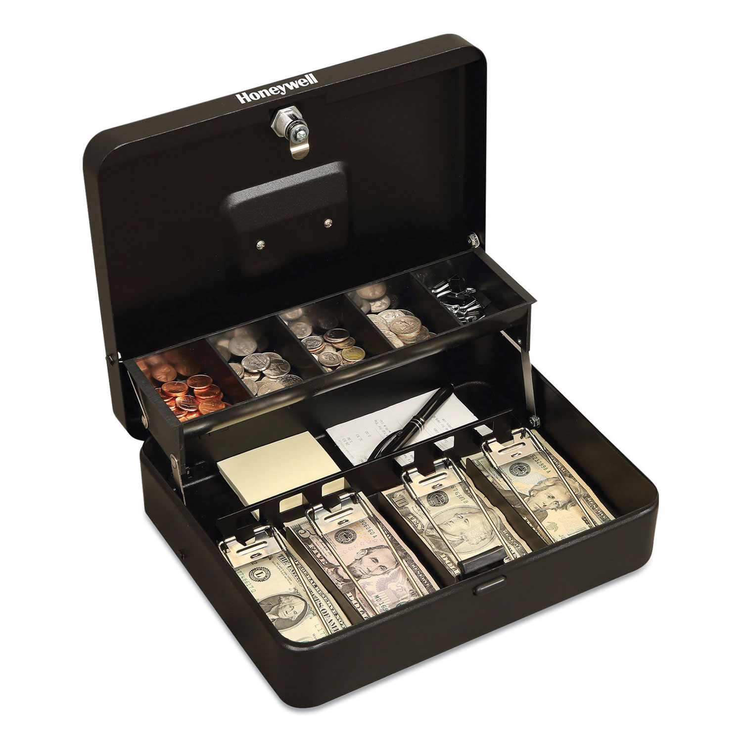 Honeywell Tiered CantiDoor Lever Cash Box, Keylock, 11.9 x 9.7 x 3.5, Steel, Black