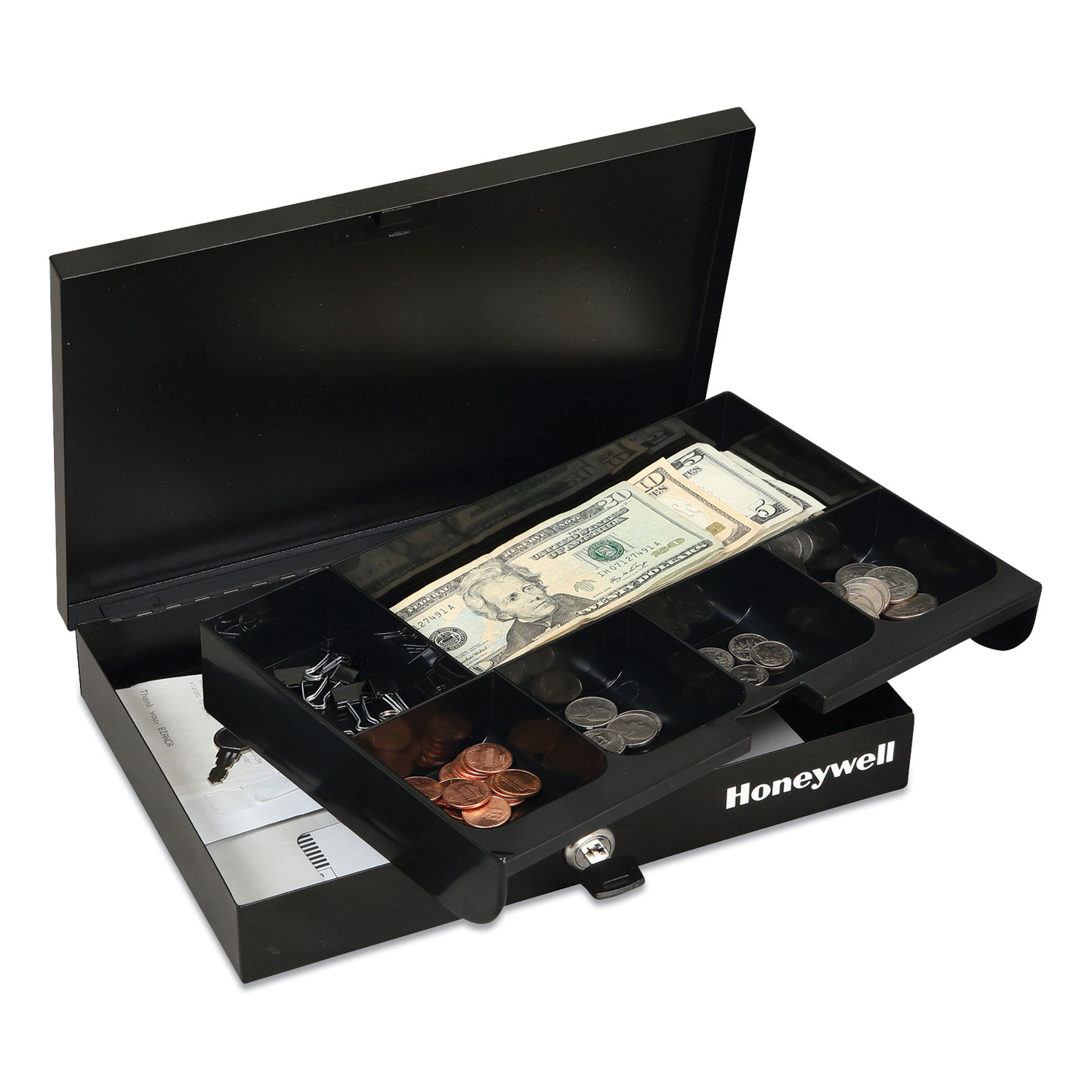 Honeywell Low Profile Cash Box, Keylock, 11.6 x 8 x 1.9, Steel, Black