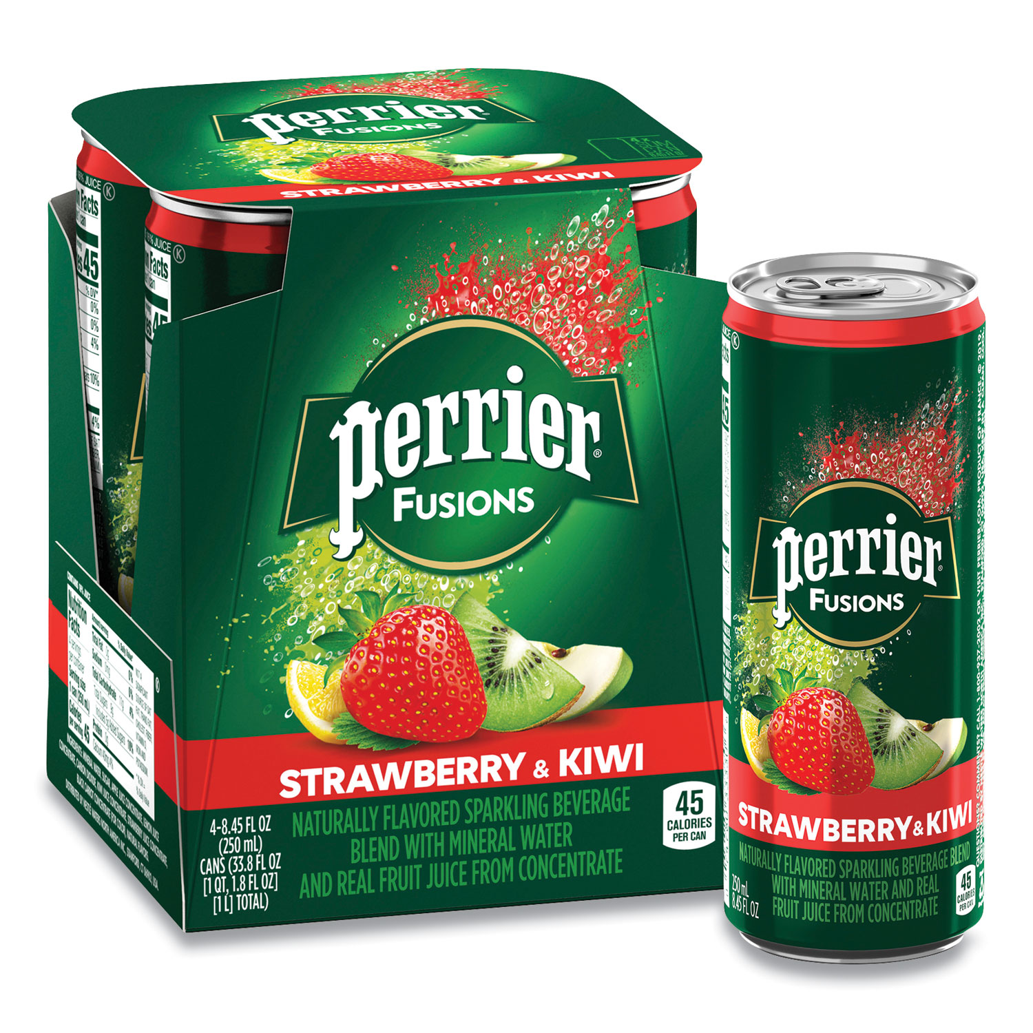 Perrier® Fusions Carbonated Mineral Water, Strawberry and Kiwi, 8.45 oz Can, 4/Pack