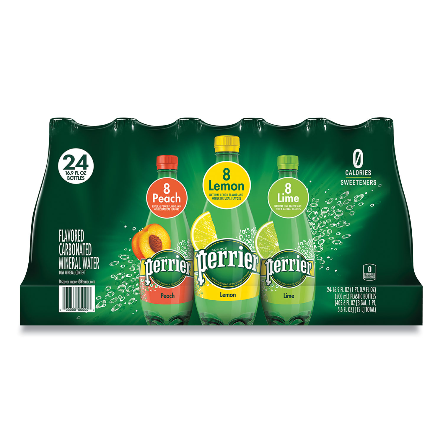 Perrier® Sparkling Natural Mineral Water, Assorted, 8 Peach, 8 Lemon, 8 Lime, 16.9 oz Bottle, 24/Pack