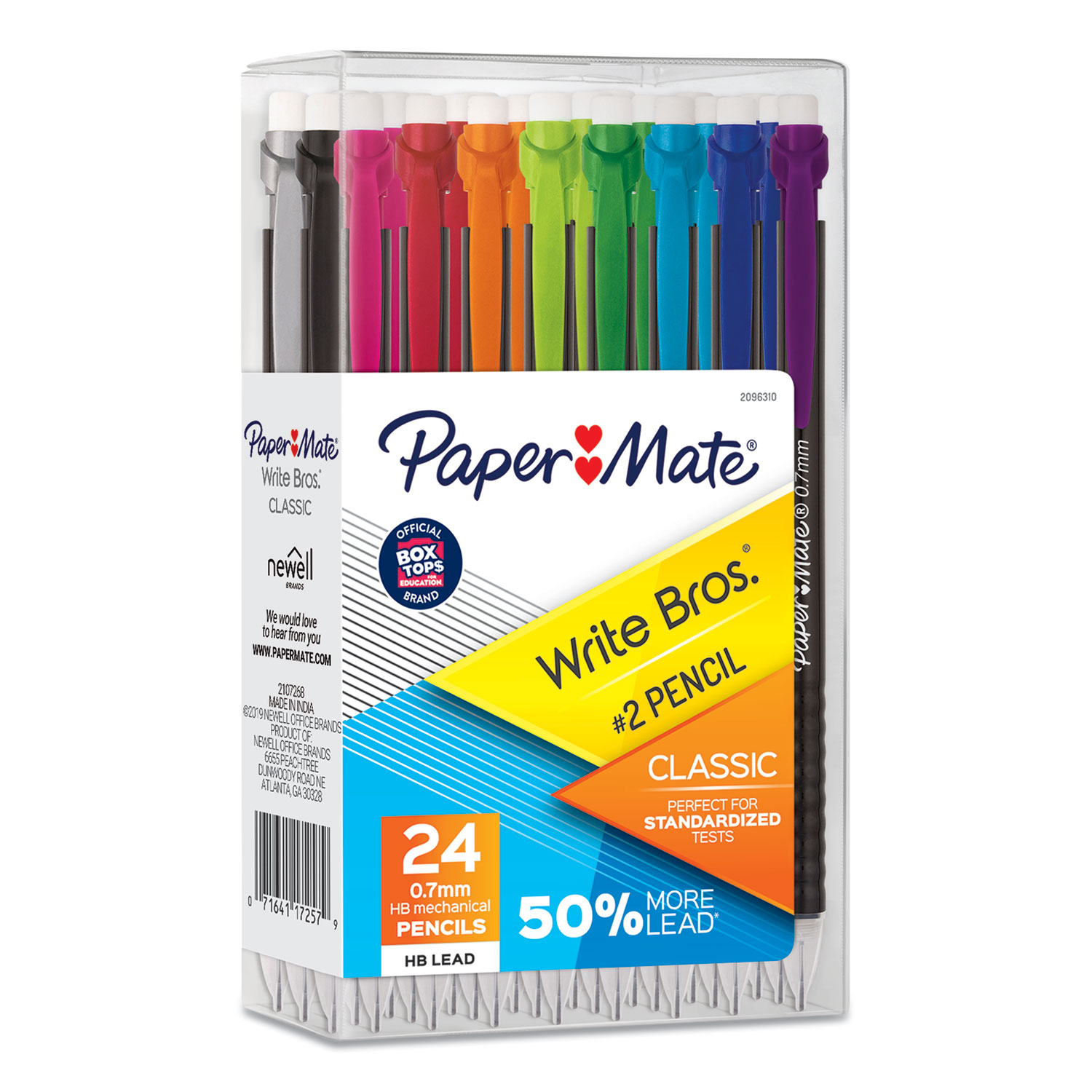  Paper Mate 2096310 Write Bros Mechanical Pencil, 0.7 mm, HB (#2), Black Lead, Black Barrel with Assorted Clip Colors, 24/Box (PAP24430943) 