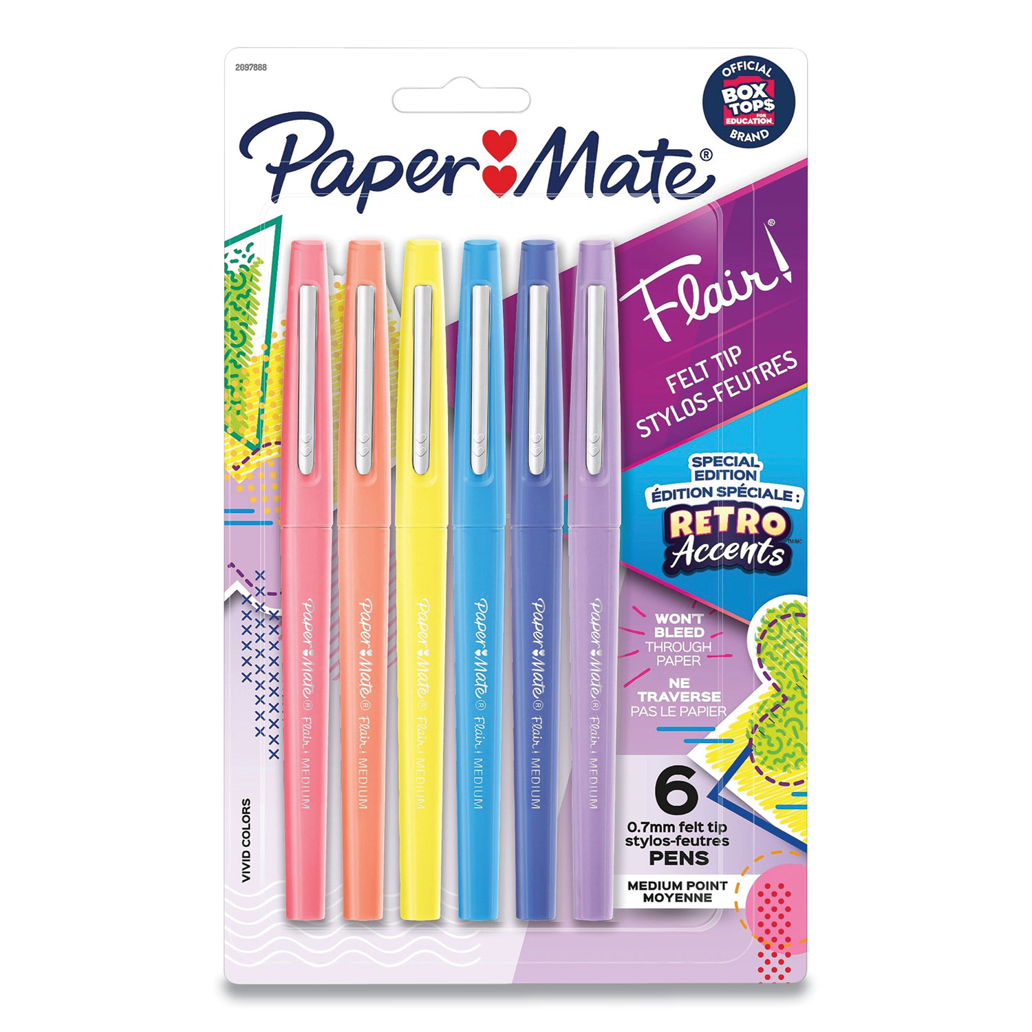  Paper Mate 2097888 Flair Felt Tip Stick Porous Point Pen with Retro Accents, Medium 0.7 mm, Assorted Color Ink/Barrel, 6/Pack (PAP24431535) 