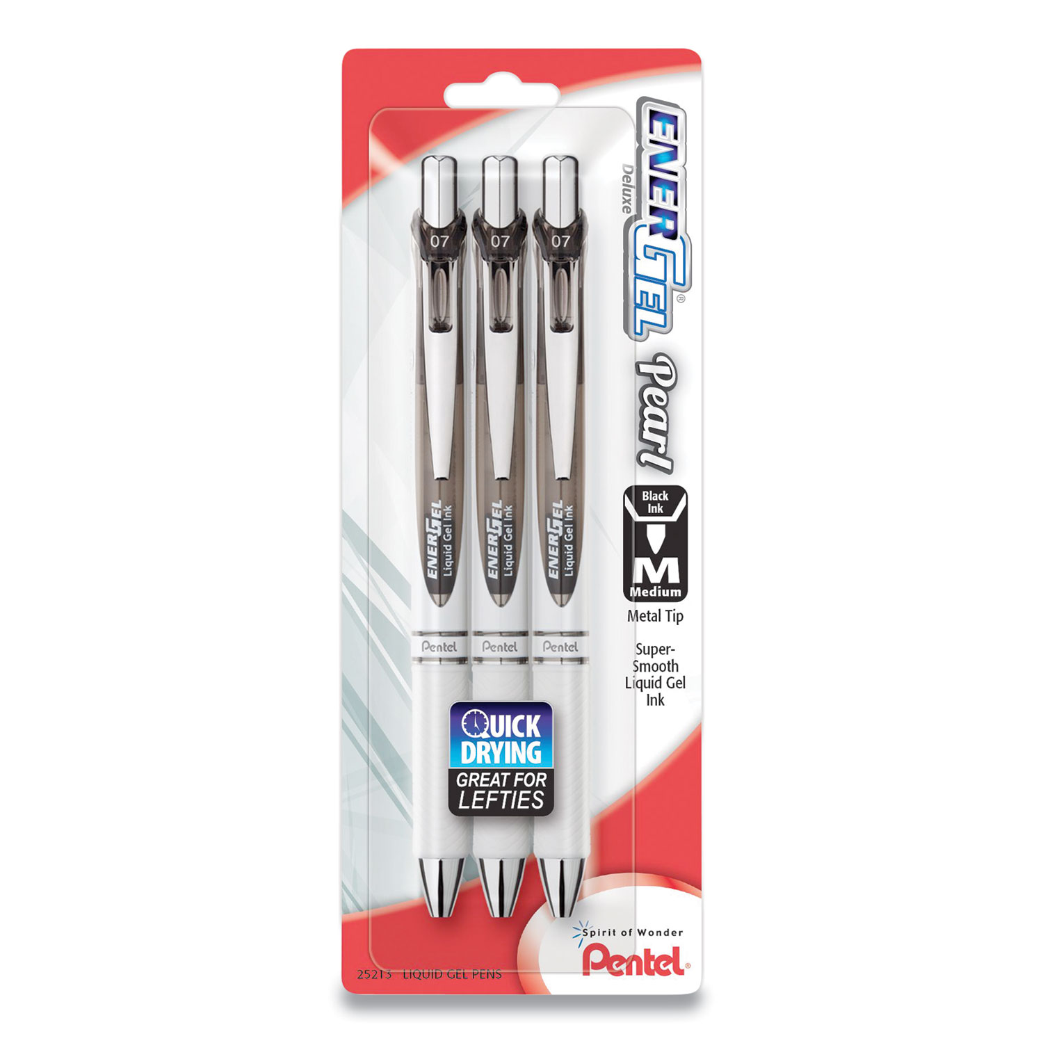 Pentel® EnerGel Pearl Retractable Gel Pen, Medium 0.7 mm, Black Ink, White/Black Barrel, 3/Pack