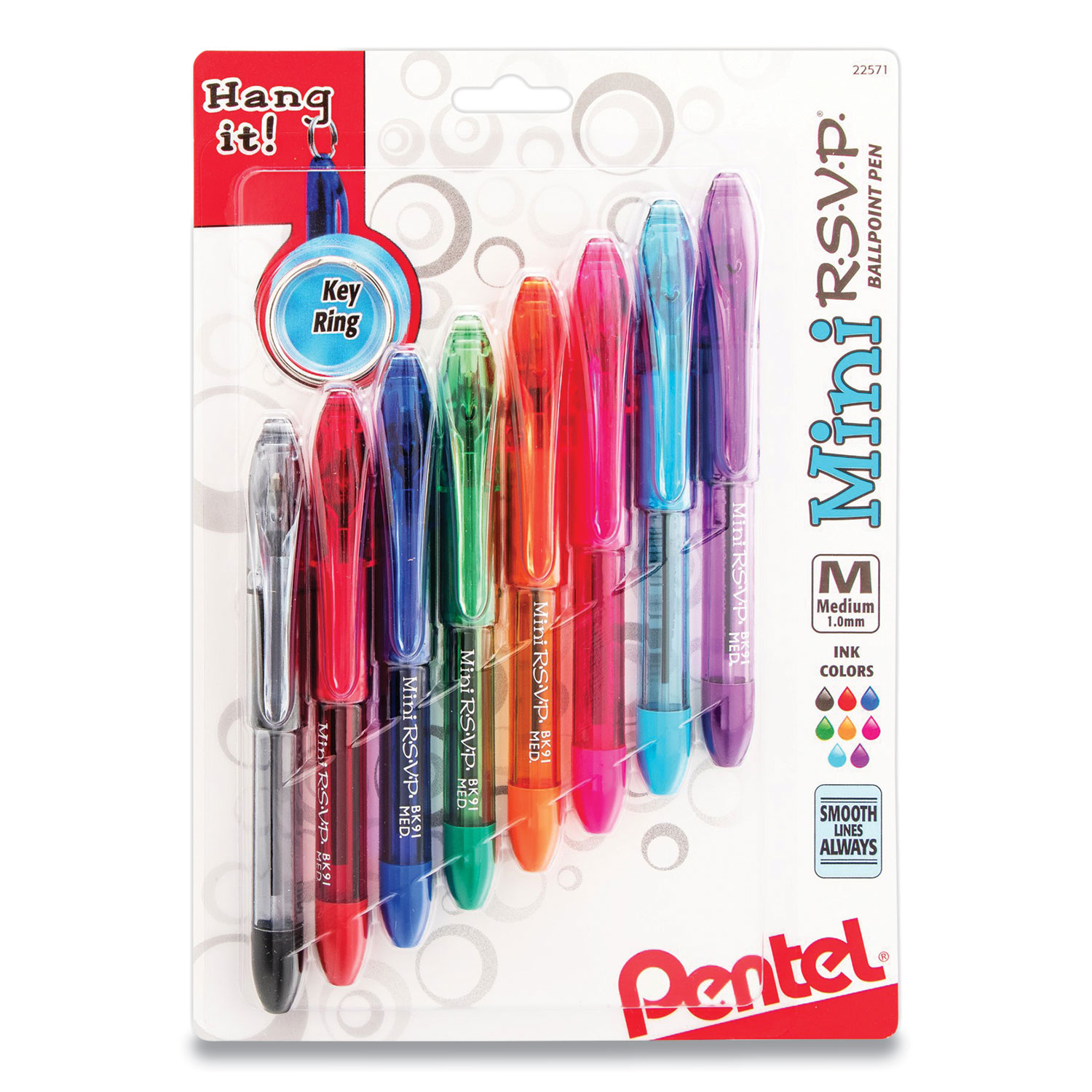  Pentel BK91MNBP8M Mini R.S.V.P. Stick Ballpoint Pen, Medium 1 mm, Assorted Color Ink/Barrel, 8/Pack (PEN676953) 