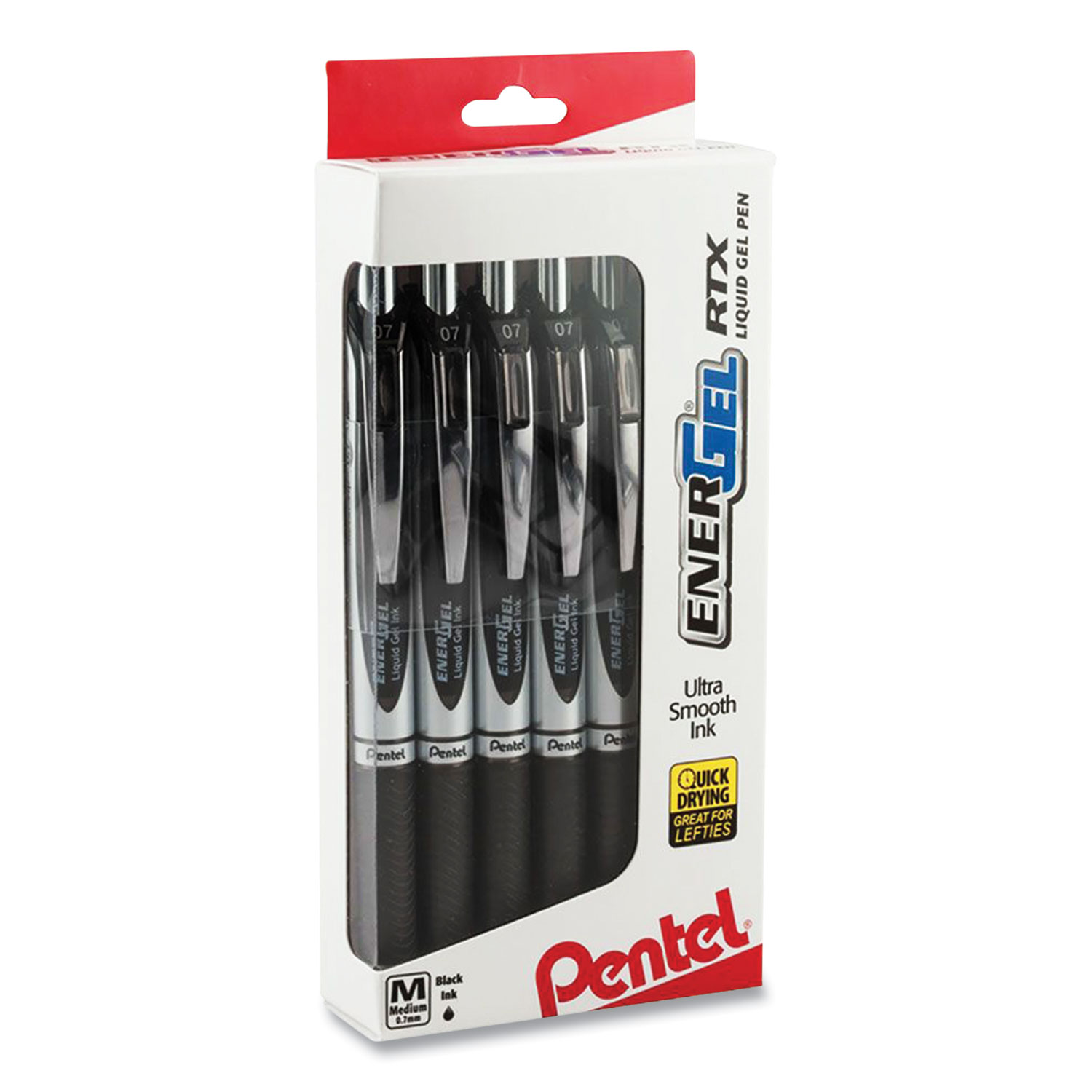 Pentel® EnerGel RTX Retractable Gel Pen, Medium 0.7 mm, Black Ink, Black/Silver Barrel, Dozen