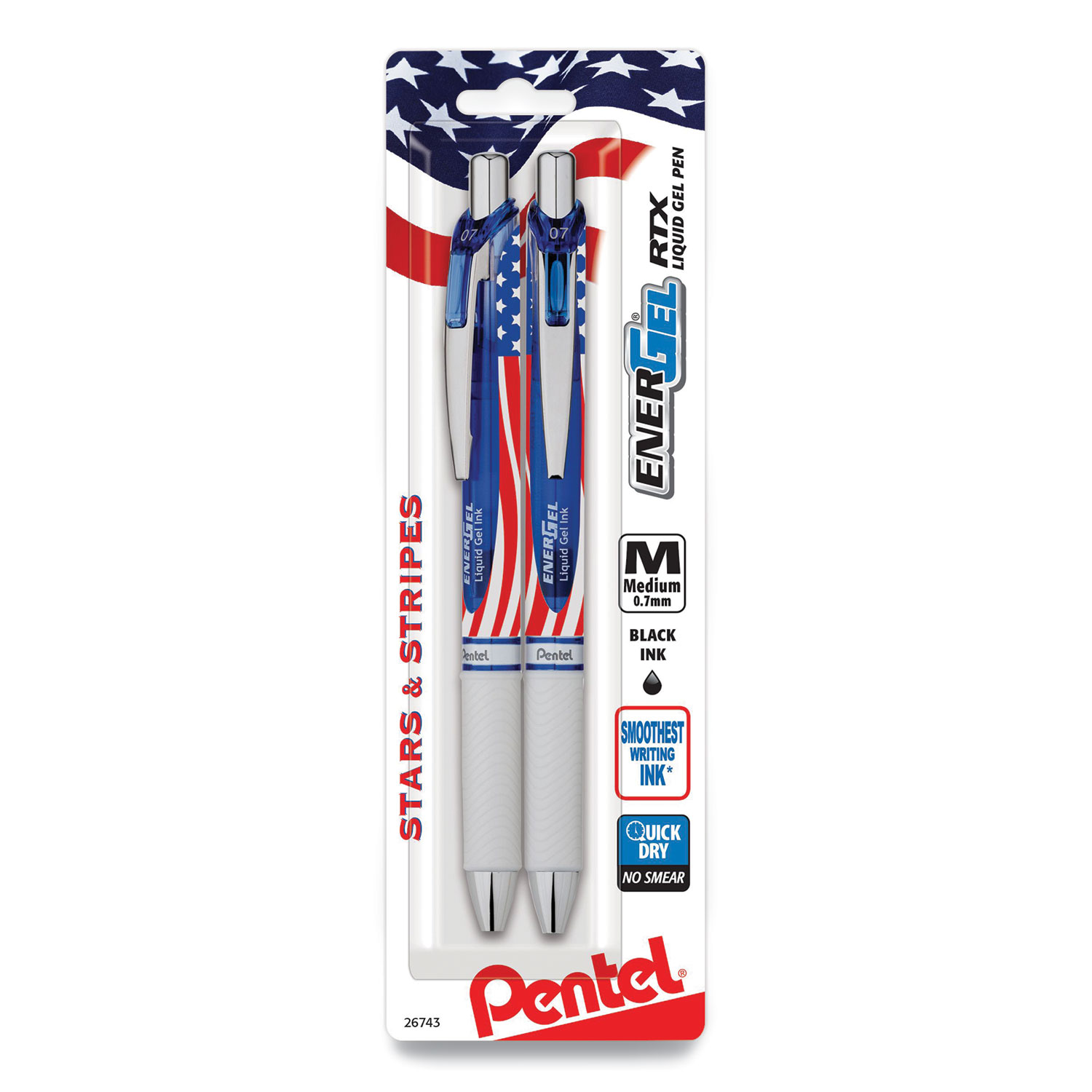  Pentel BL77USABP2A EnerGel RTX Stars and Stripes Retractable Gel Pen, Medium 0.7 mm, Black Ink, Red/White/Blue Barrel, 2/Pack (PEN2639681) 