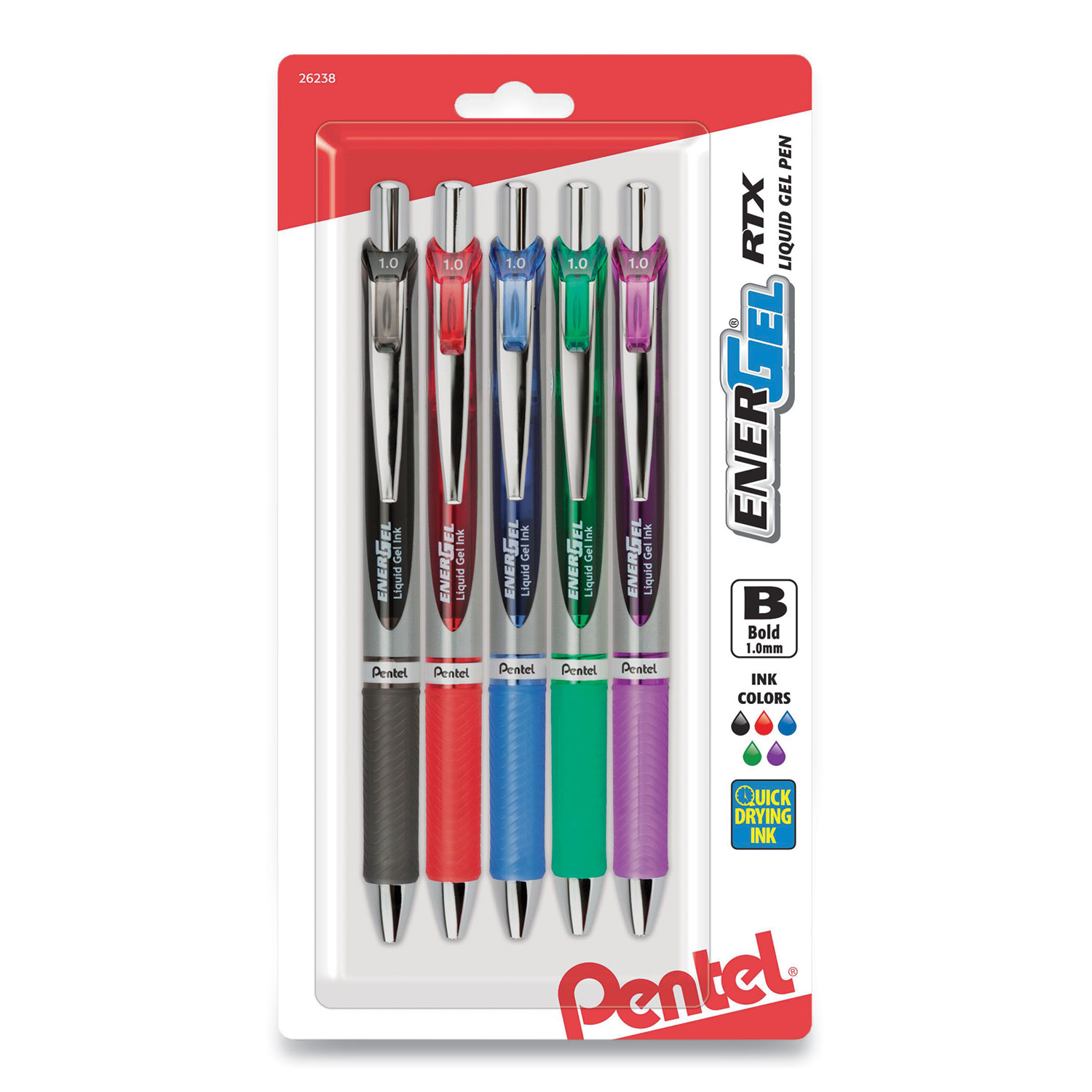 Pentel® EnerGel RTX Retractable Gel Pen, Bold 1 mm, Assorted Color Ink/Barrel, 5/Pack