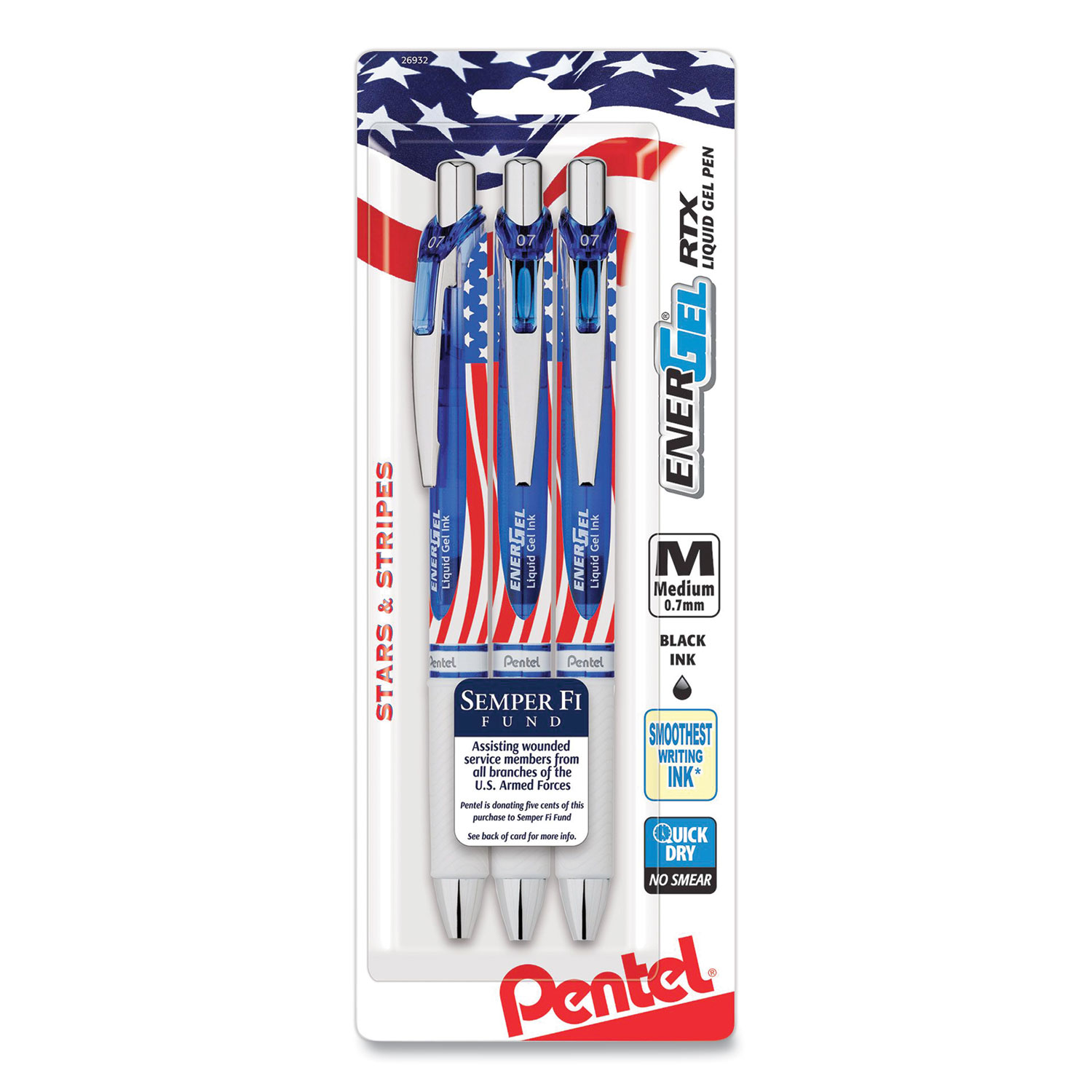 Pentel® EnerGel RTX Stars and Stripes Retractable Gel Pen, Medium 0.7 mm, Black Ink, Red/White/Blue Barrel, 3/Pack