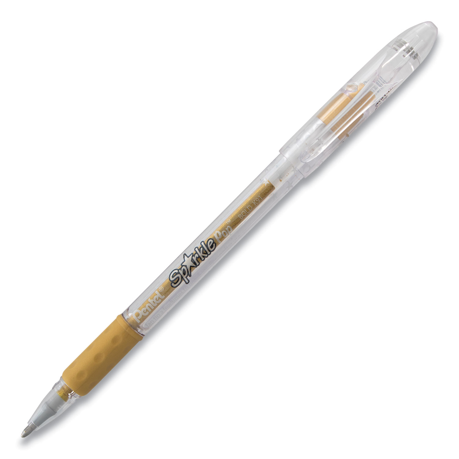  Pentel K91-DX Sparkle Pop Metallic Stick Gel Pen, Bold 1 mm, Gold Ink, Clear Barrel (PEN2735832) 
