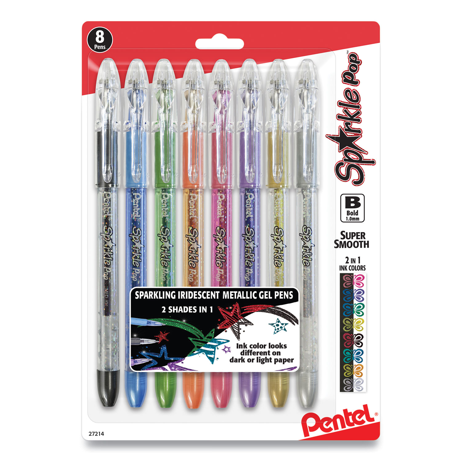 Pentel® Sparkle Pop Metallic Stick Gel Pen, Bold 1 mm, Assorted Metallic Color Ink, Clear Barrel, 8/Pack