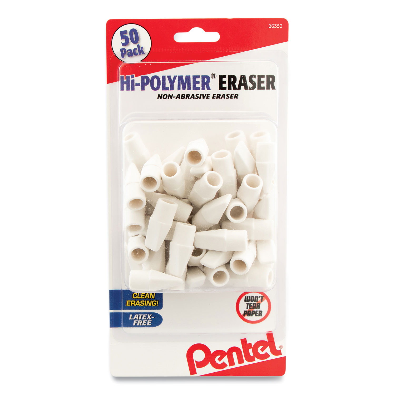 Pentel® Cap Eraser, White, Latex-Free Hi-Polymer, 50/Pack