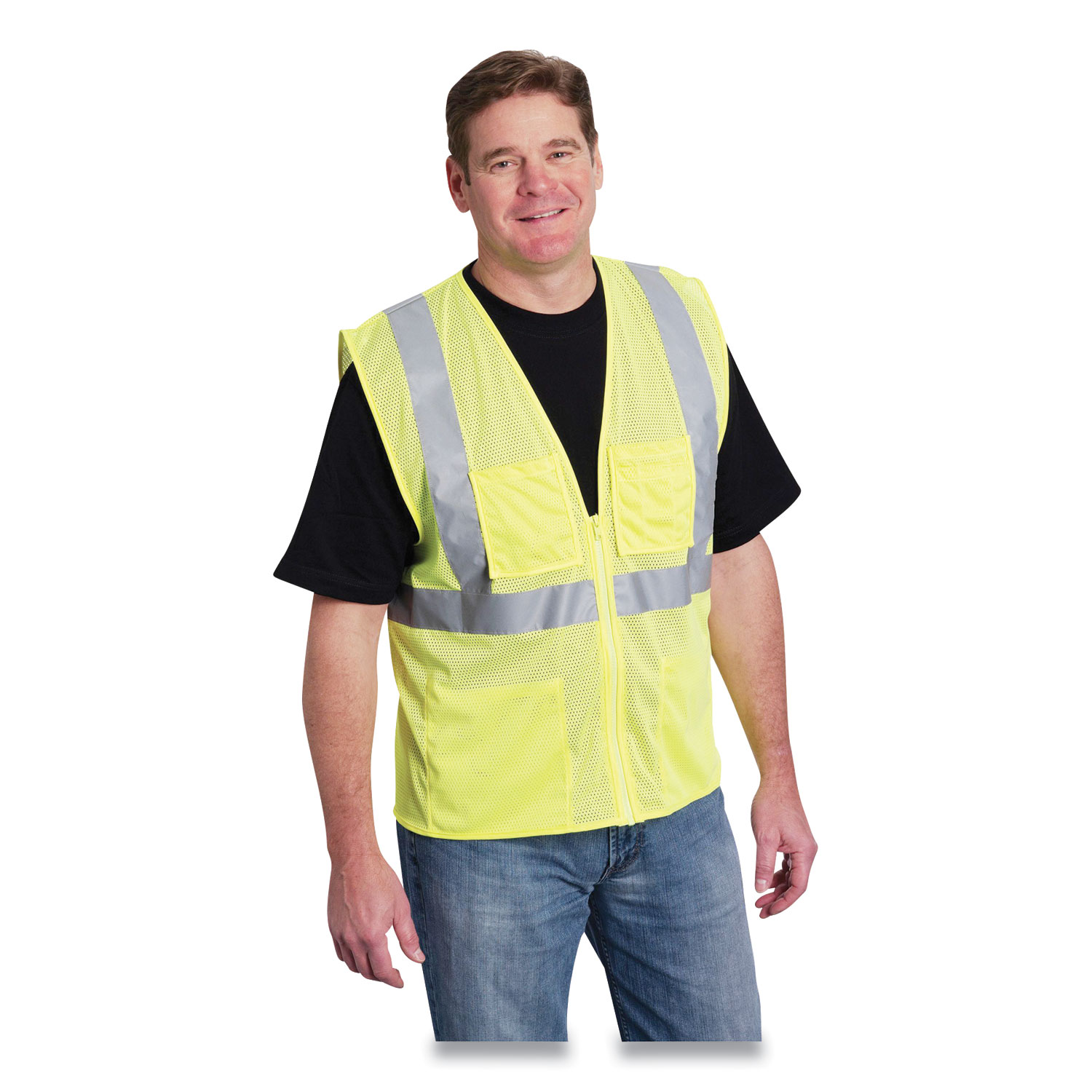 PIP Zipper Safety Vest, Hi-Viz Lime Yellow, 2 Lower and 2 Upper Chest Pockets, Large