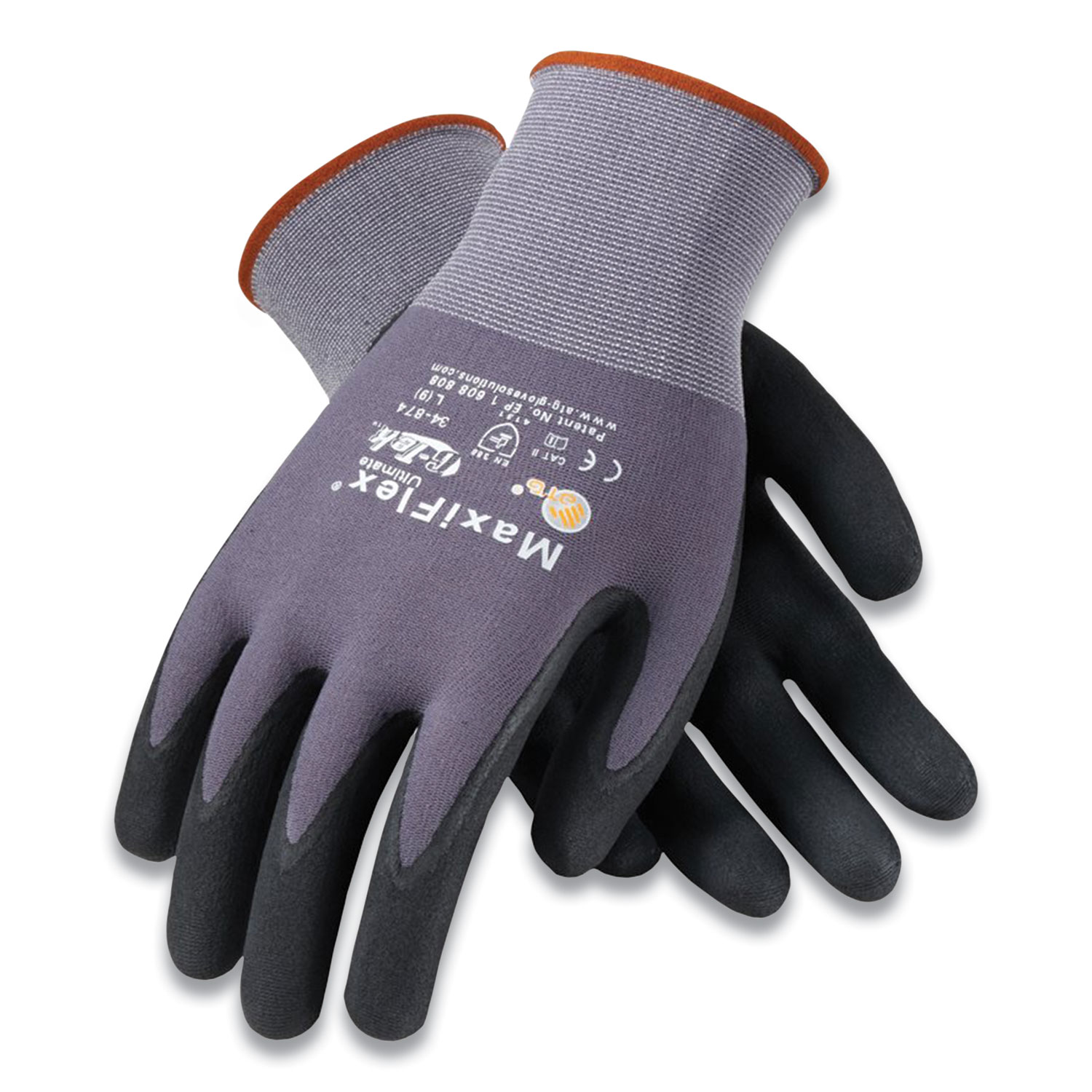  MaxiFlex 34-874/L Ultimate Seamless Knit Nylon Gloves, Nitrile Coated MicroFoam Grip on Palm and Fingers, Large, Gray, 12 Pairs (PID179947) 