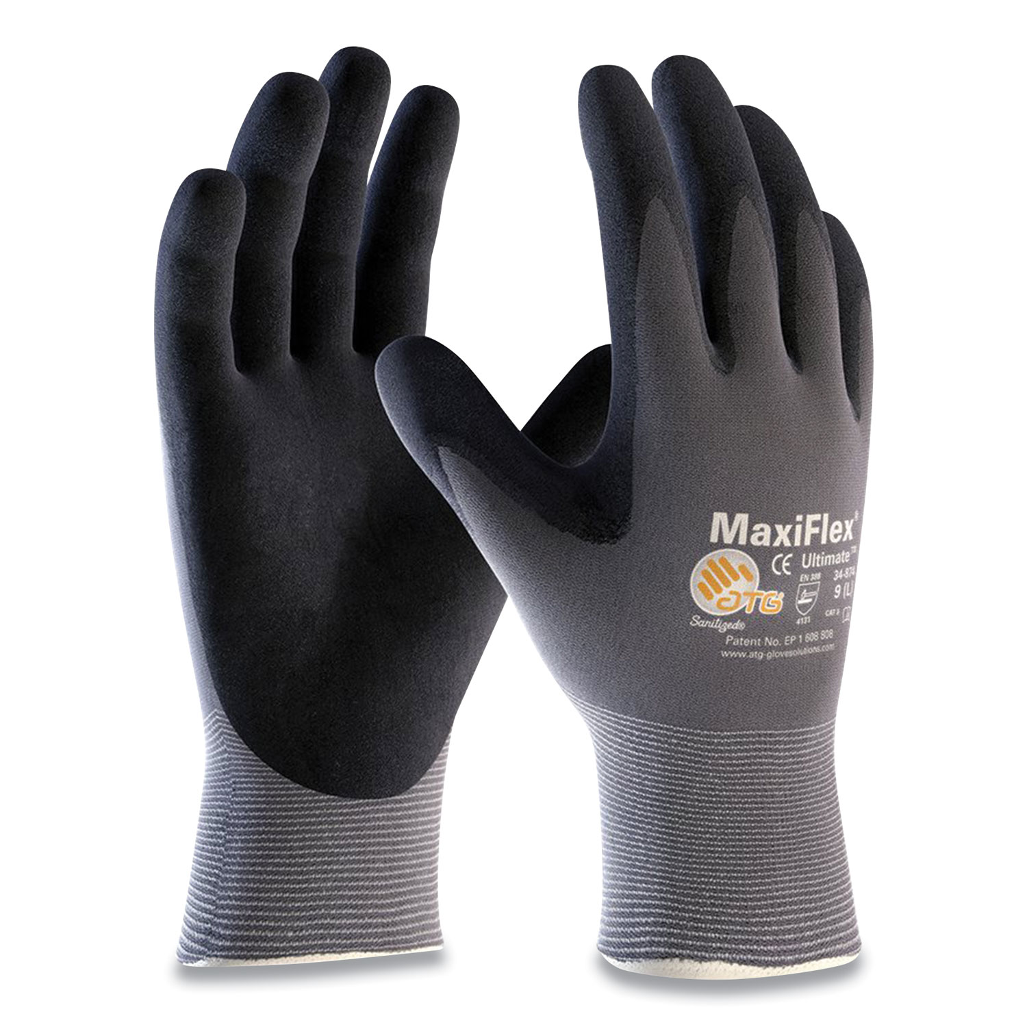  MaxiFlex 34-874/M Ultimate Seamless Knit Nylon Gloves, Nitrile Coated MicroFoam Grip on Palm and Fingers, Medium, Gray, 12 Pairs (PID179948) 