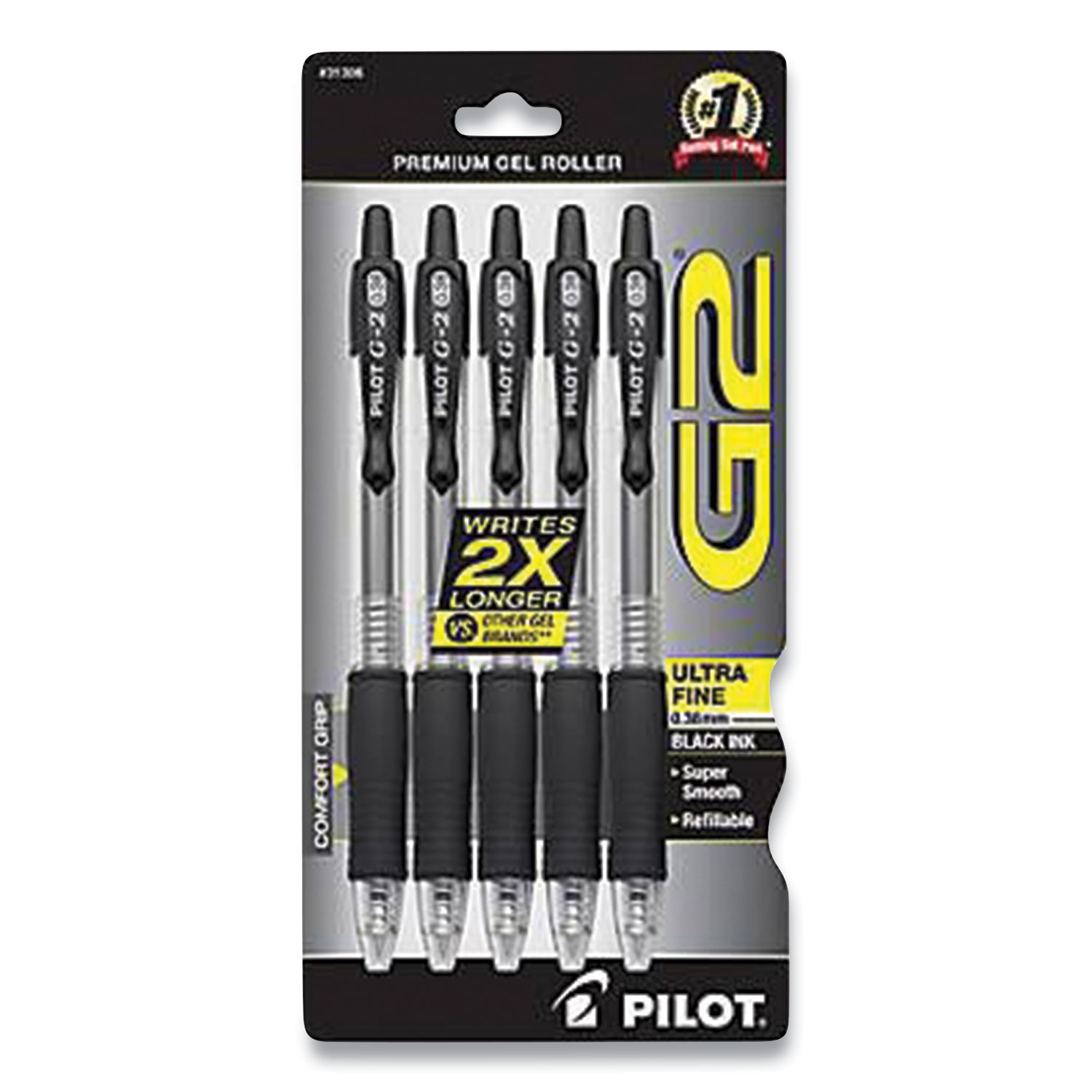 Pilot® G2 Premium Retractable Gel Pen, Extra-Fine 0.38 mm, Black Ink, Clear/Black Barrel, 5/Pack
