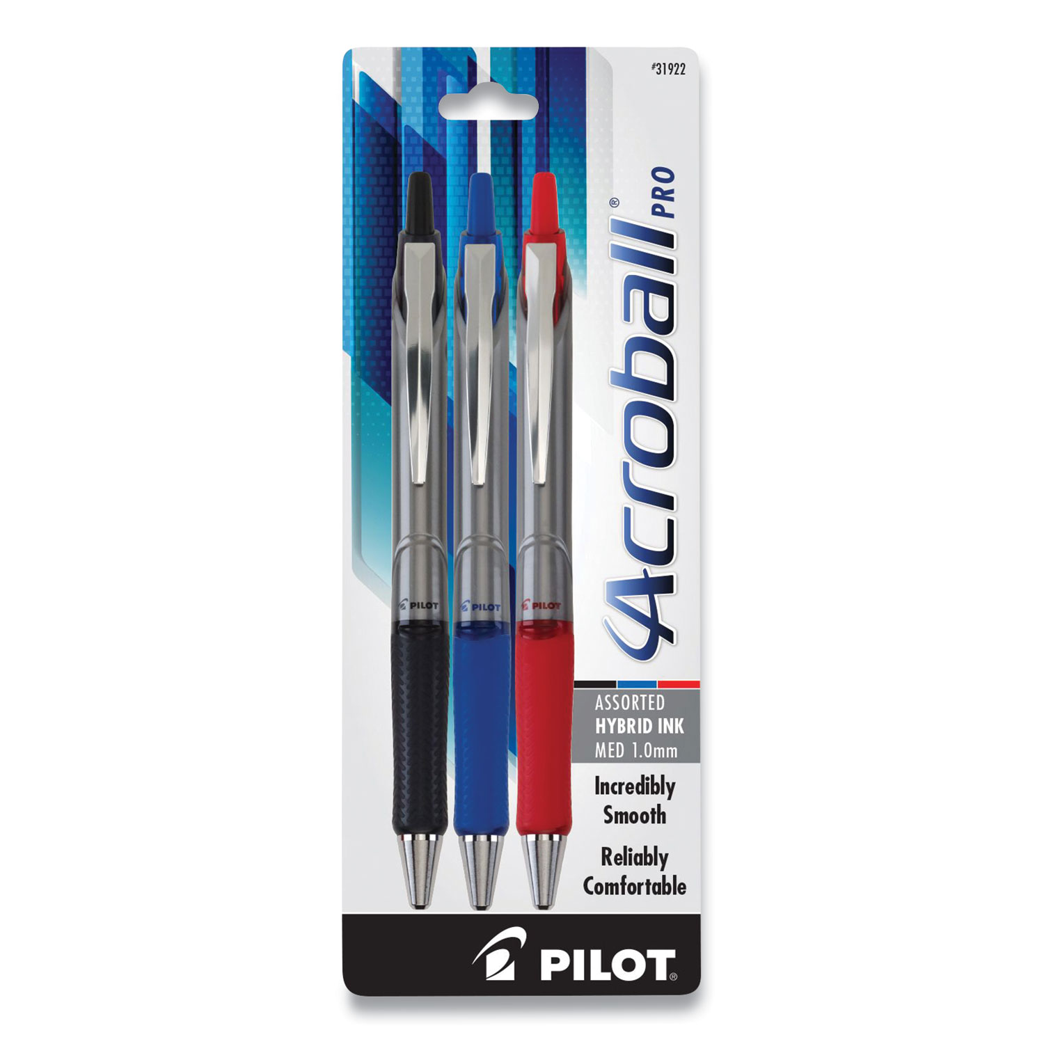 Pilot® Acroball Pro Retractable Ballpoint Pen, Medium 1 mm, Assorted Color Ink, Silver Barrel, 3/Pack