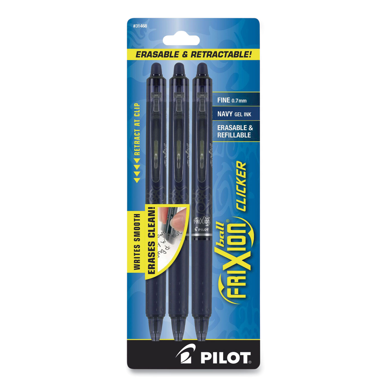 Pilot® FriXion Clicker Erasable Retractable Gel Pen, Fine 0.7 mm, Navy Ink/Barrel, 3/Pack