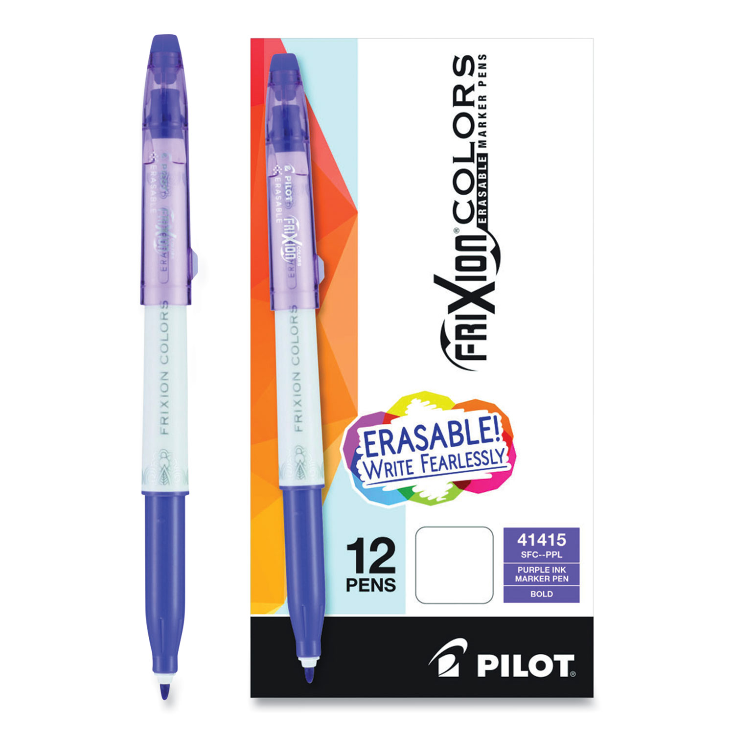  Pilot PIL41415 FriXion Colors Erasable Stick Porous Point Marker Pen, Bold 2.5 mm, Purple Ink, White Barrel, Dozen (PIL2716375) 