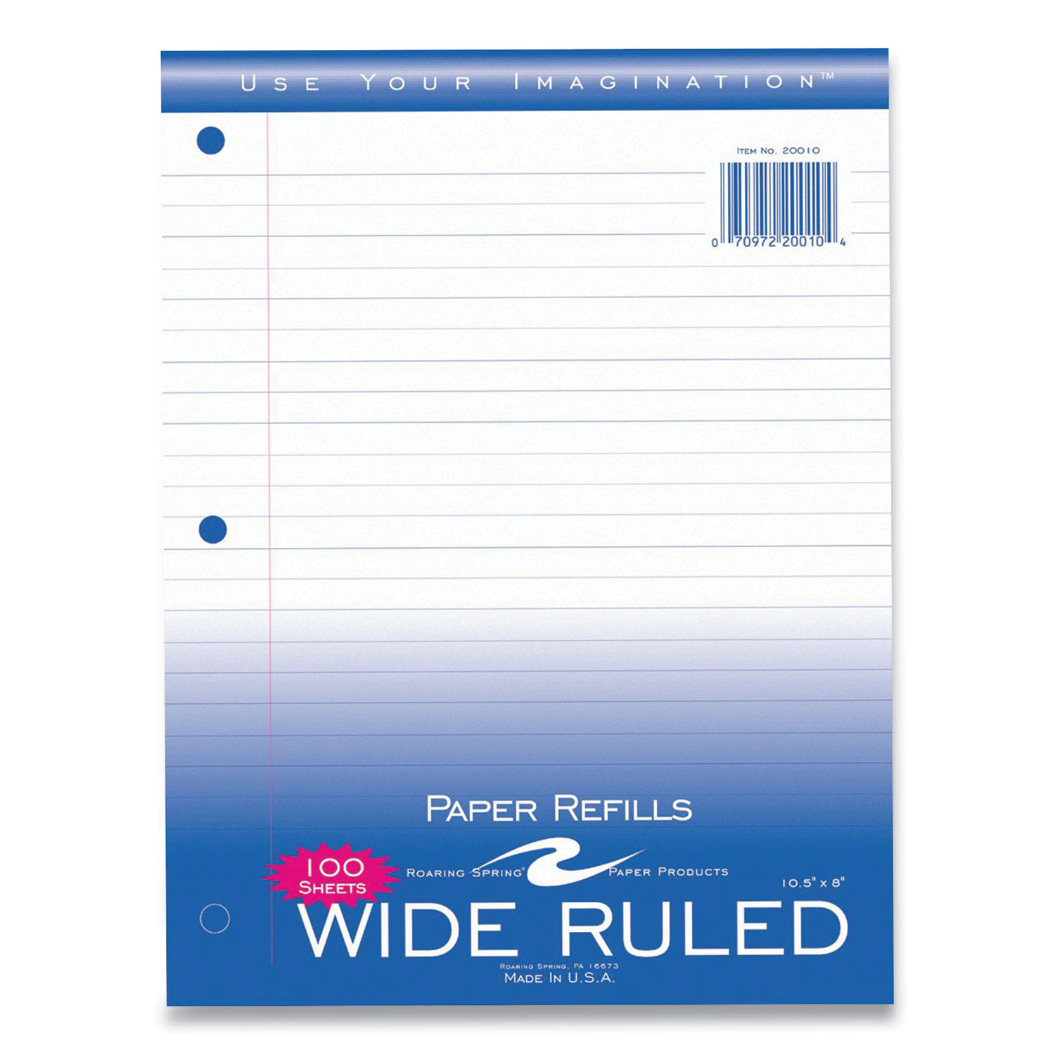 Roaring Spring® Notebook Filler Paper, 3-Hole, 8 x 10.5, Wide/Legal Rule, 100/Pack