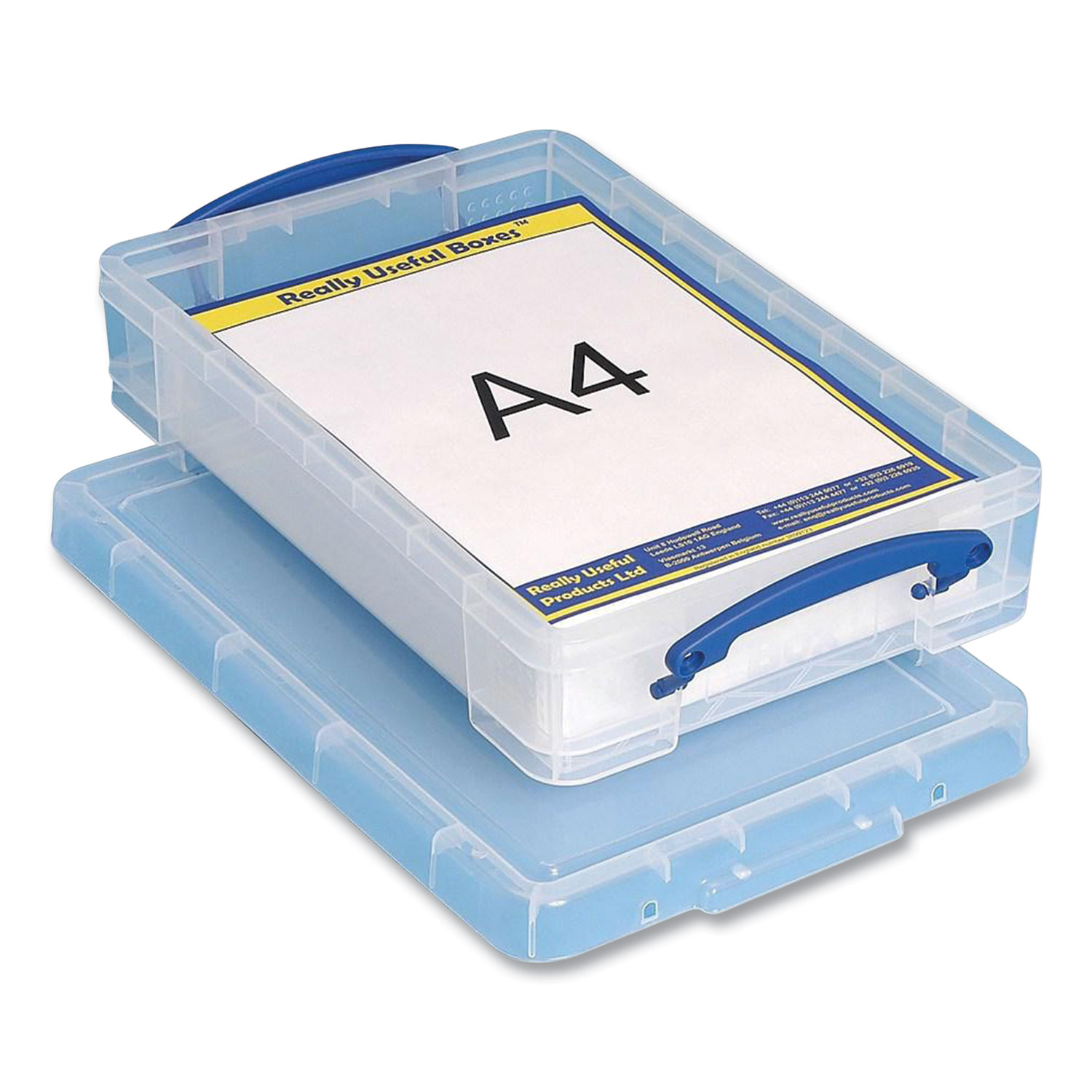  Really Useful Box 4 LITRE CLEAR Snap-Lid Storage Bin, 1.05 gal, 10.25 x 14.5 x 3.37, Clear/Blue (RUA673322) 