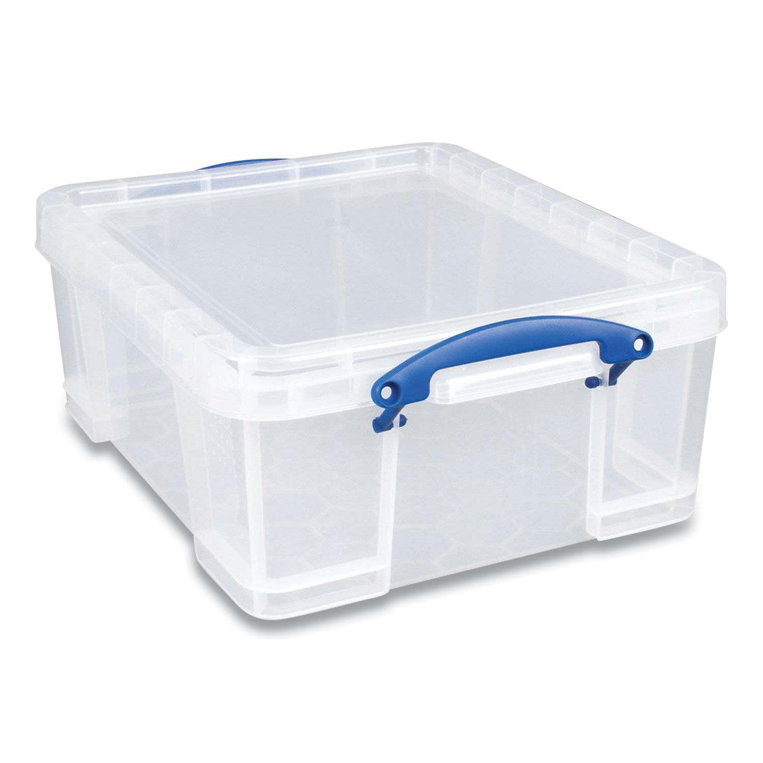 Really Useful Box® Snap-Lid Storage Bin, 4.49 gal, 11 x 18 x 4, Clear/Blue, 4/Pack
