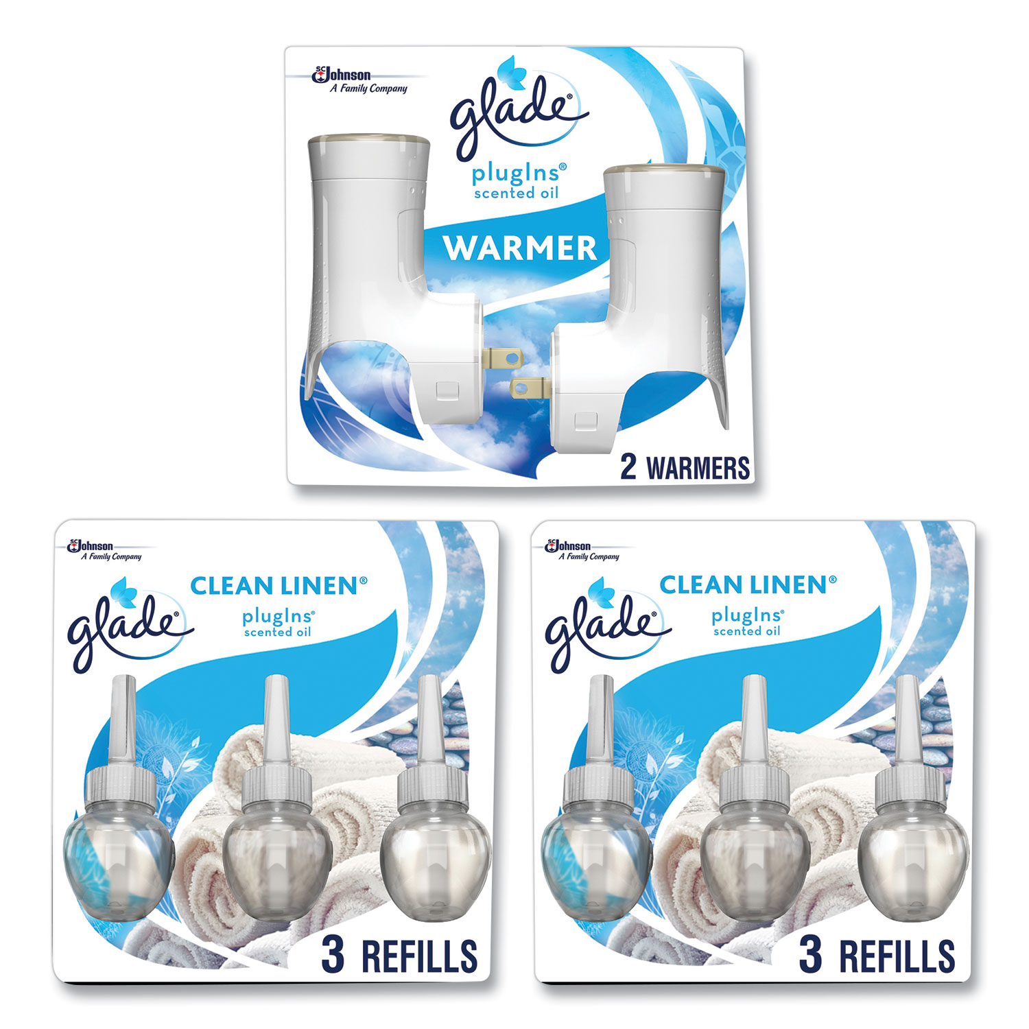 Plugin Scented Oil, Clean Linen, 0.67 oz, 2 Warmers and 6 Refills/Pack -  Office Express Office Products